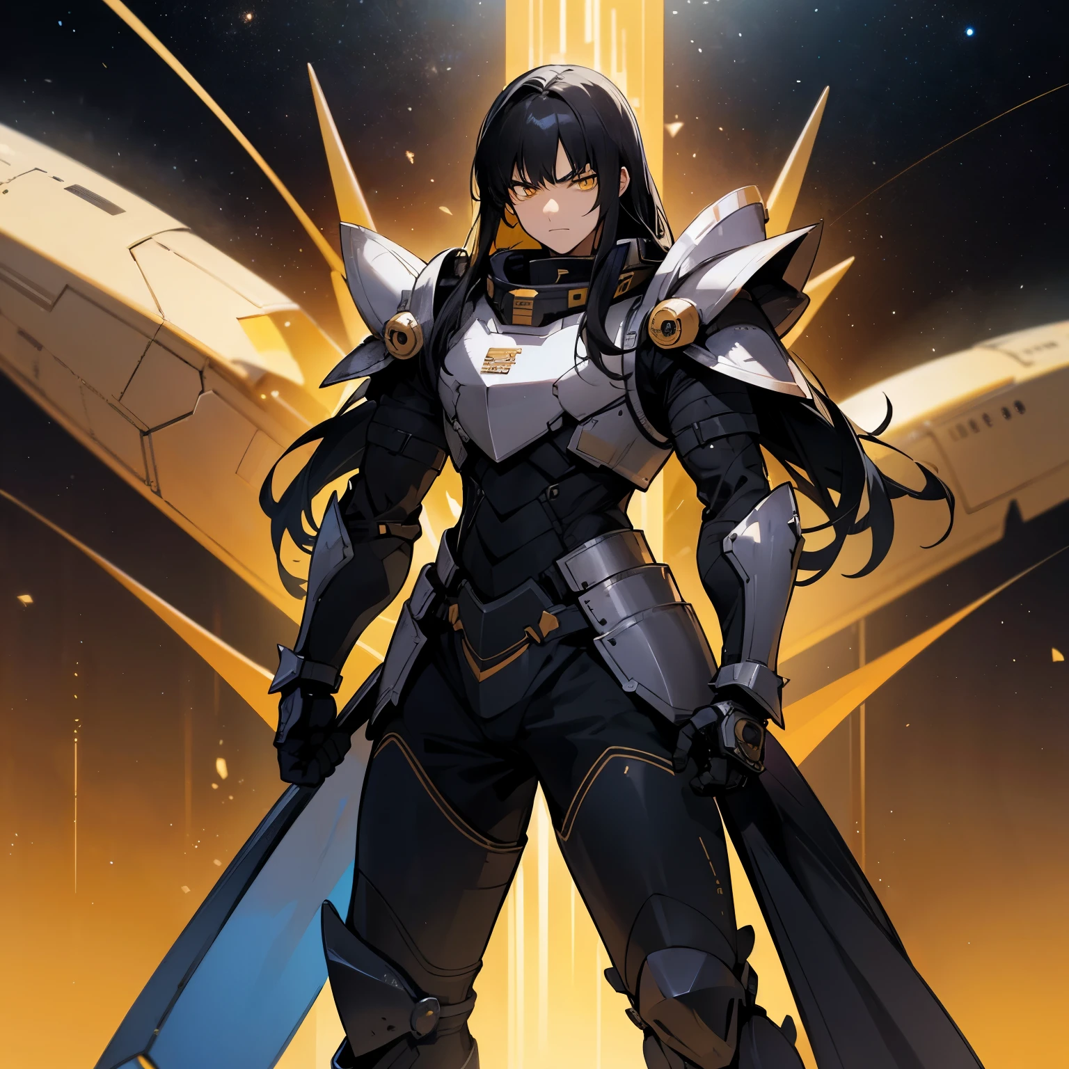 Black hair , Spiky hair , Yellow Eyes , long hair, 1male , Armor Piece , annoyed expression, Space armor, Martial arts clothing , black eyes, muscular, shoulder armorpiece , Alien Planet Background, Standing in a planes