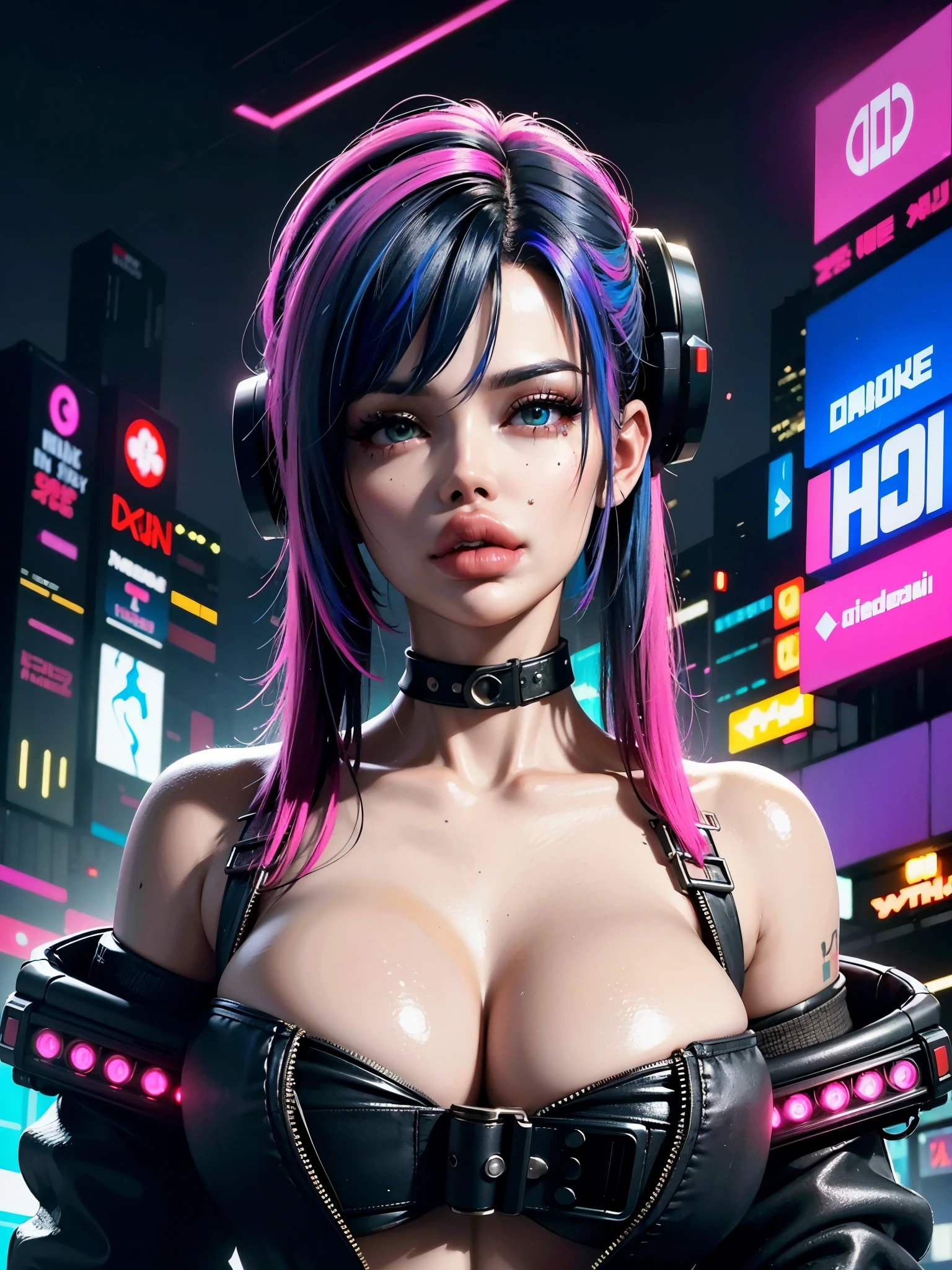 ((Best quality)), ((masterpiece)), (highly detailed:1.3), 3D, beautiful (cyberpunk:1.3) hacker woman with colored hair, black clothes looking at camera