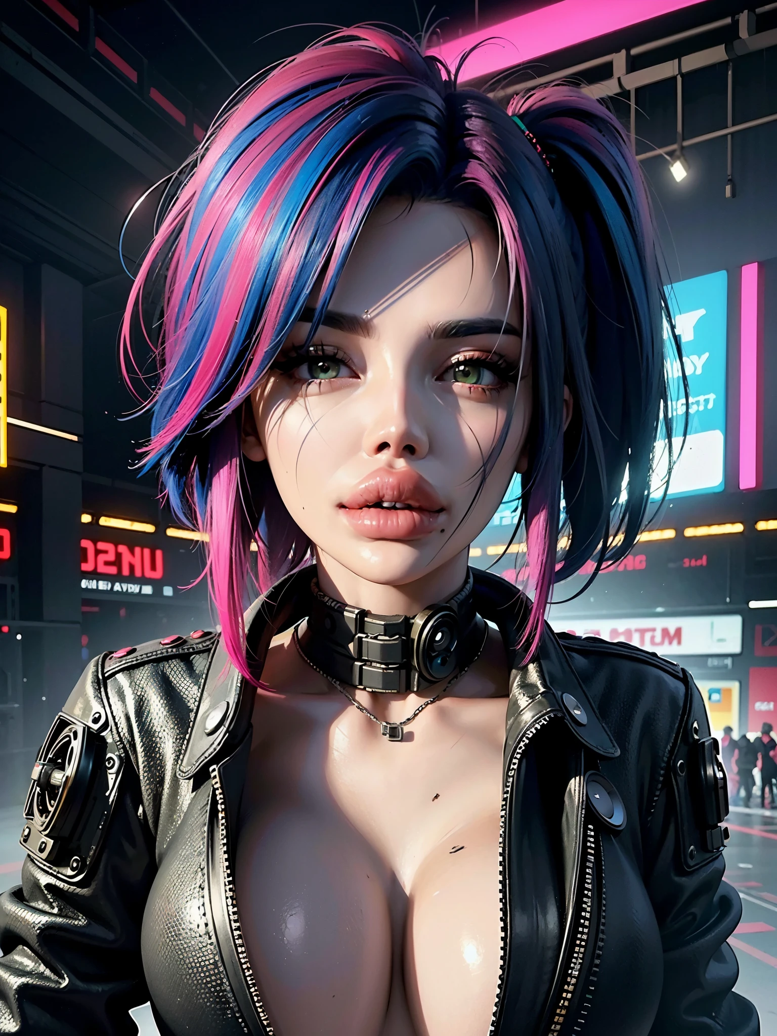 ((Best quality)), ((masterpiece)), (highly detailed:1.3), 3D, beautiful (cyberpunk:1.3) hacker woman with colored hair, black clothes looking at camera