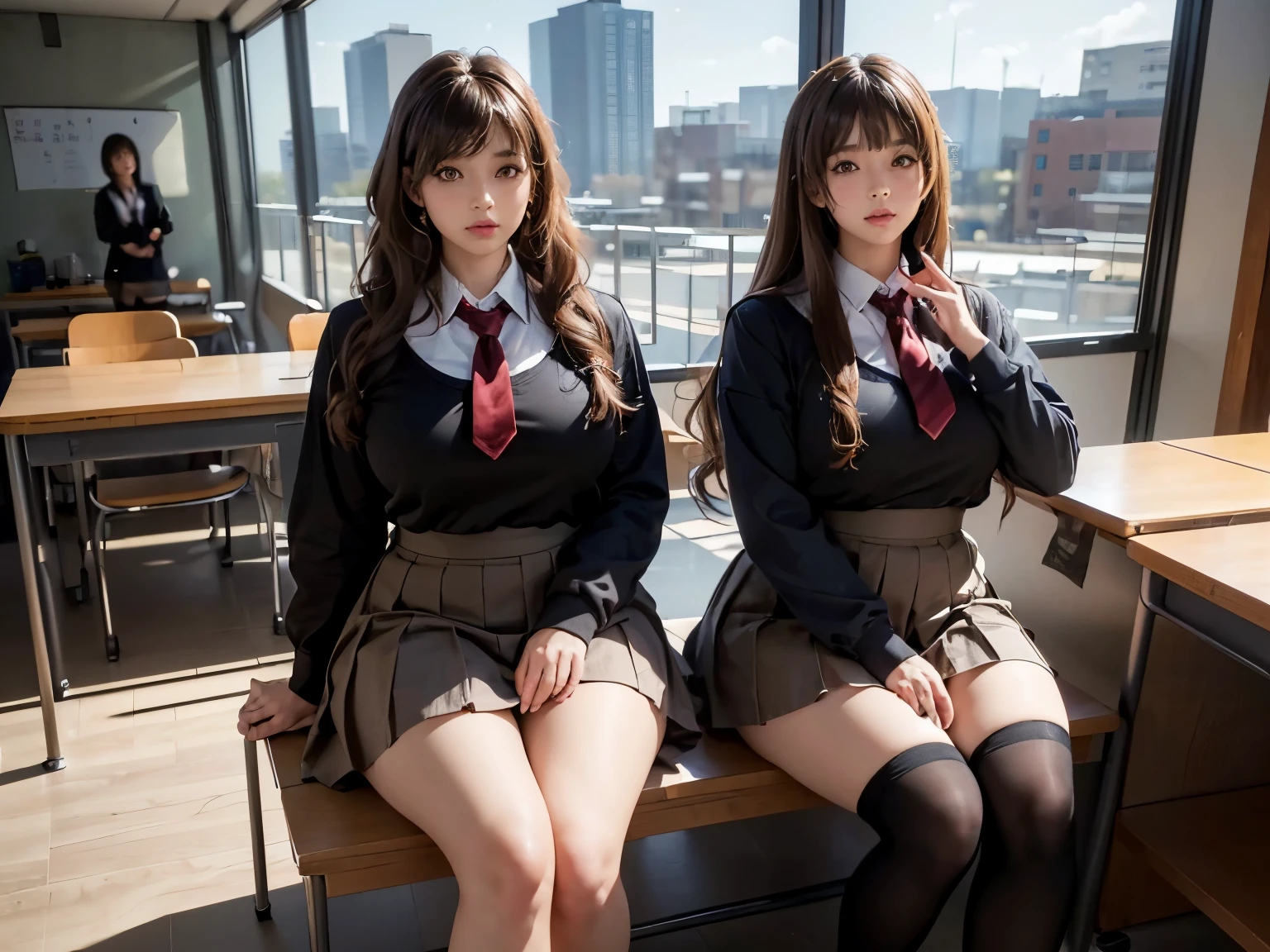 Ultra-detailed complex 3D rendering of faces、(​masterpiece、top-quality、octan render, 8k , 2 girls, school uniform, seifuku, long brown curly hair bangs, class room scenery, crowded people, sitting, big hips, big thighs, looking on a cellphone, with soft focus on the image,