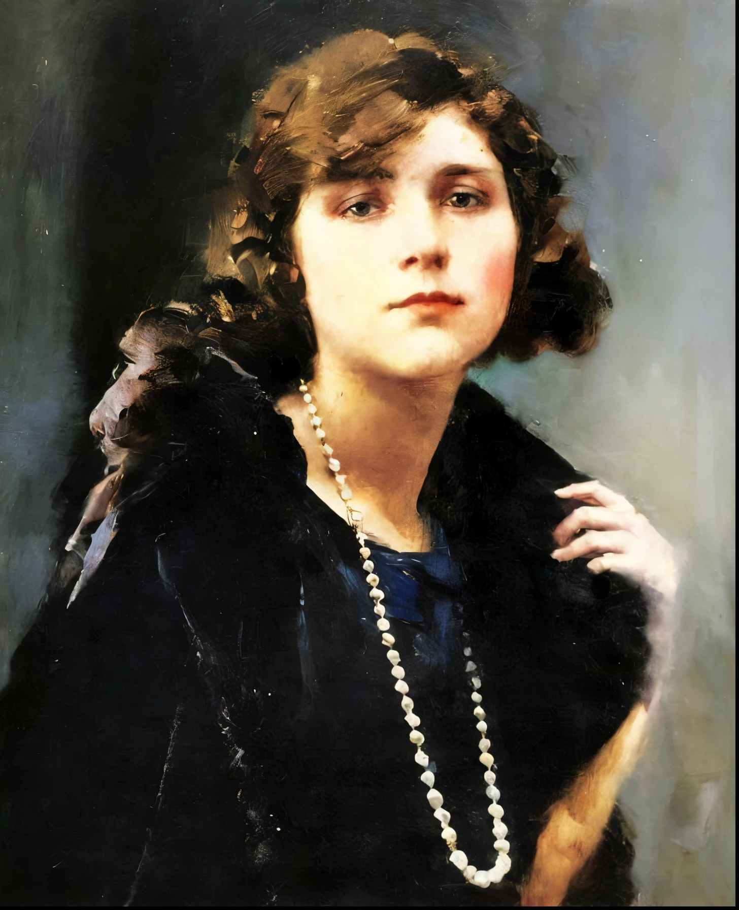 a sophisticated woman with a pearl necklace and a fur coat, retrato de meio comprimento, model looking at the camera, character portrait of Adolf Fényes, sociedade cg, art nouveau, 1920s, studio portrait, elegant In the style of an oil painting, 1600, detalhe requintado, pintura barroca, bulky lighting, pictorial brush strokes, Edgar Degas, John Singer Sargent, John William Waterhouse, Masterpiece