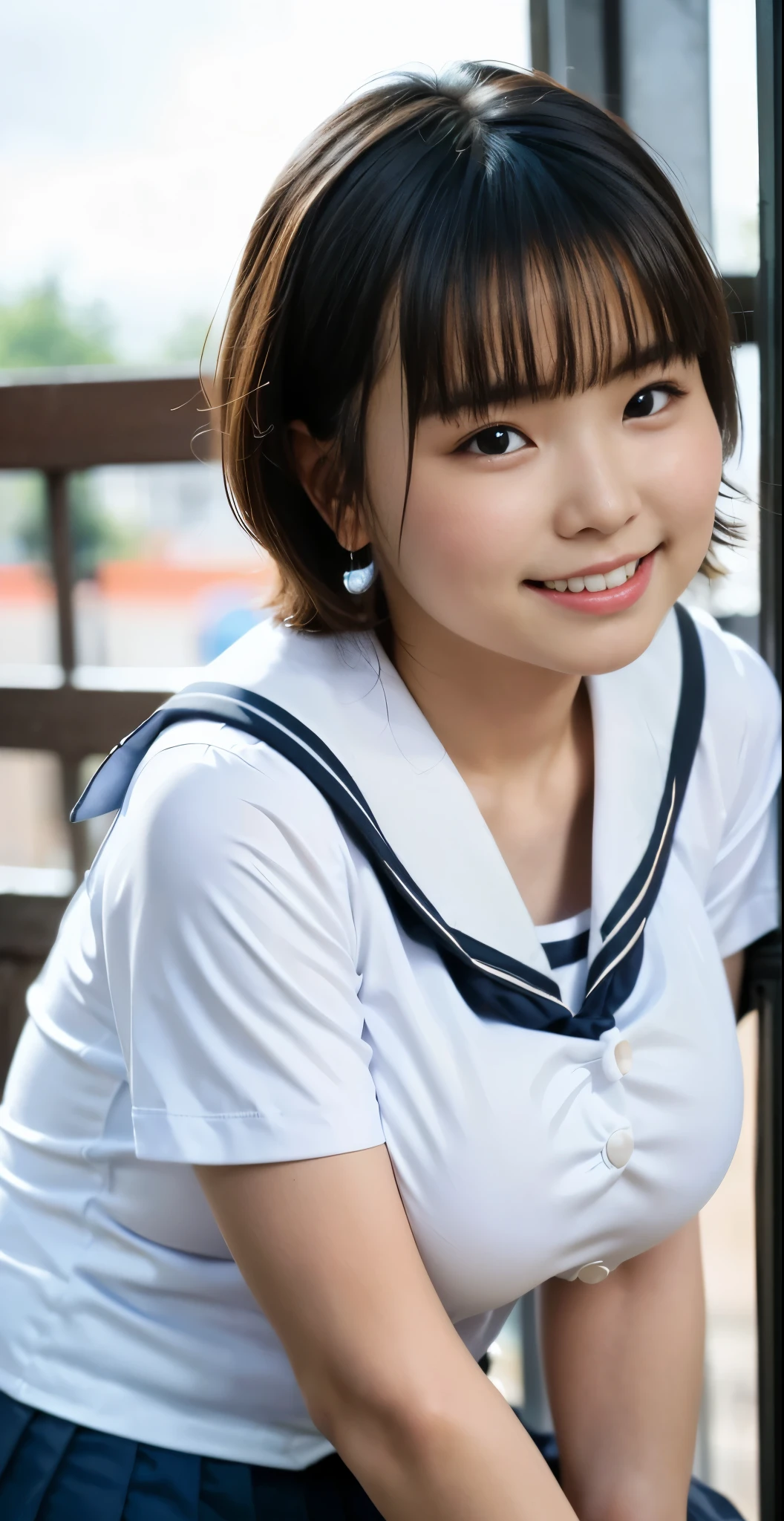 (8K、Raw photography、highest quality、masterpiece:1.2),(black haired、very short hair:1.5),view viewer,Looking at the front,erotic,白いskin,(school uniform:1.7)、(Clothing that emphasizes the shape of your chest、publish one'skin:1.6)、(huge boobs:1.7)、ultra high resolution,beautiful,beautiful fece,(one person, one personで、no background:1.9),whole bodyボディー,japanese woman,(Photoreal:1.37)、photon mapping,reality、(Cute with a baby face: 1.7)、(cute smile: 1.7)、(With a round face: 1.9)、radio city、Physically based rendering、depth of field rally background、photograph, (I can see your knees,close up of thighs:1.7),whole body、Ultra-fine