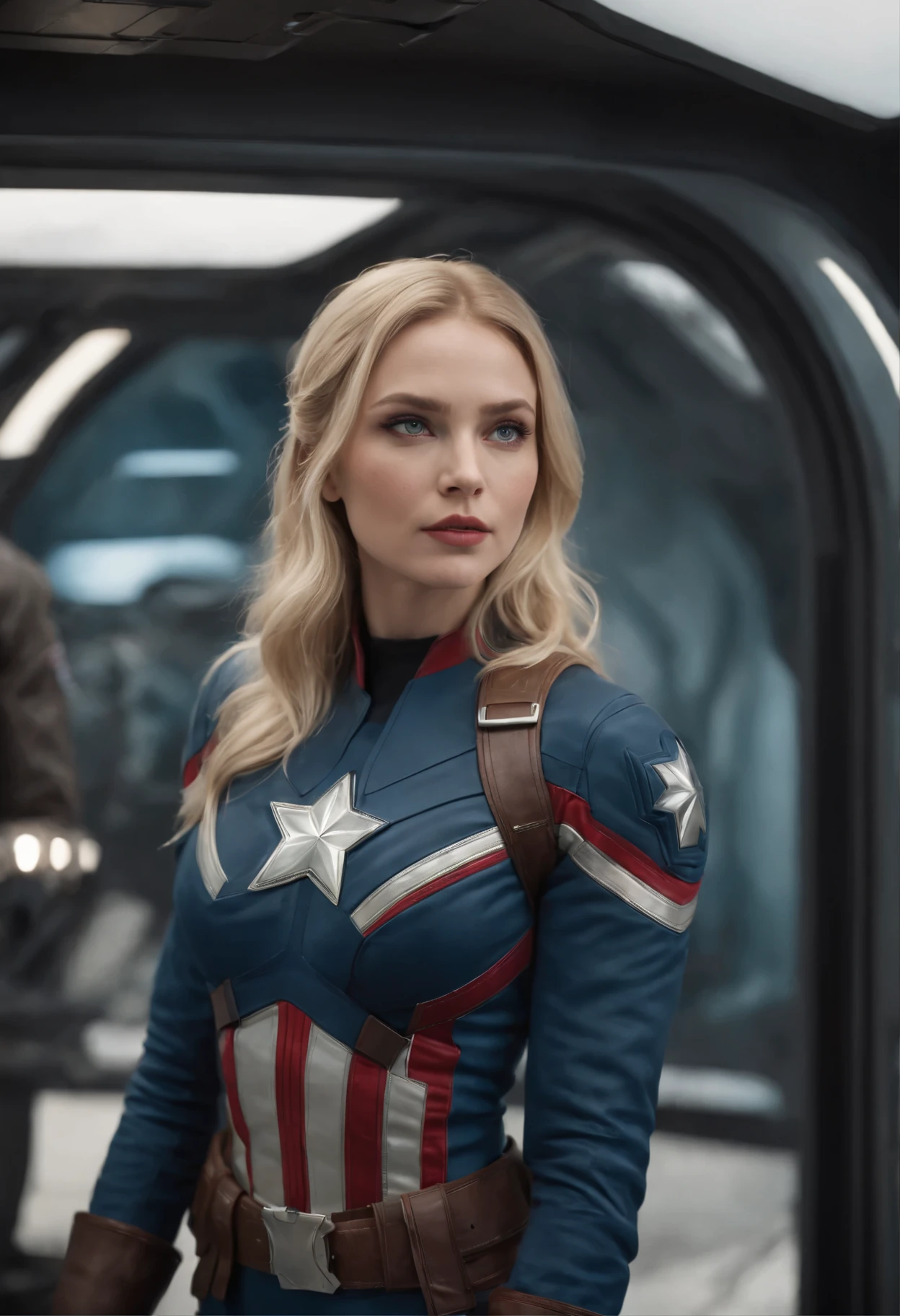Realistic, high quality, 8k, Create an image with advanced image quality and resolution, featuring super detailed depiction of a beautiful woman wearing a captain America outfit. Long blonde hair, perfect body, perfect face, glowing blue eyes, Position her at the center of the composition, facing the viewer,in the cockpit of a futuristic aircraft with lots of switches, dials and screens, Ensure the portrayal of the intricacies of the costume, capturing textures and unique features.