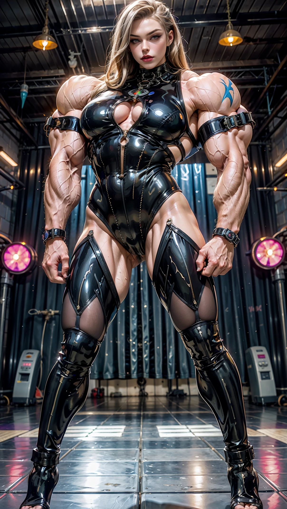 Beautiful cybernetic woman looking at camera, (full body Latex Bodysuit:1.4), (Flat chest:1.4), (extreme muscular definition:1.25), (huge muscular arms:1.25,) thin legs, Realistic, Very detailed face and eyes, masterpiece