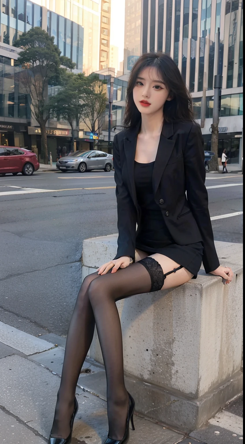 best qualtiy, Full body like，Refined face，pretty  face，20 years old woman，slimfigure，Larger bust，office lady uniform，Office wear，black stockings，Outdoor scene，Sit Pose，black long hair
