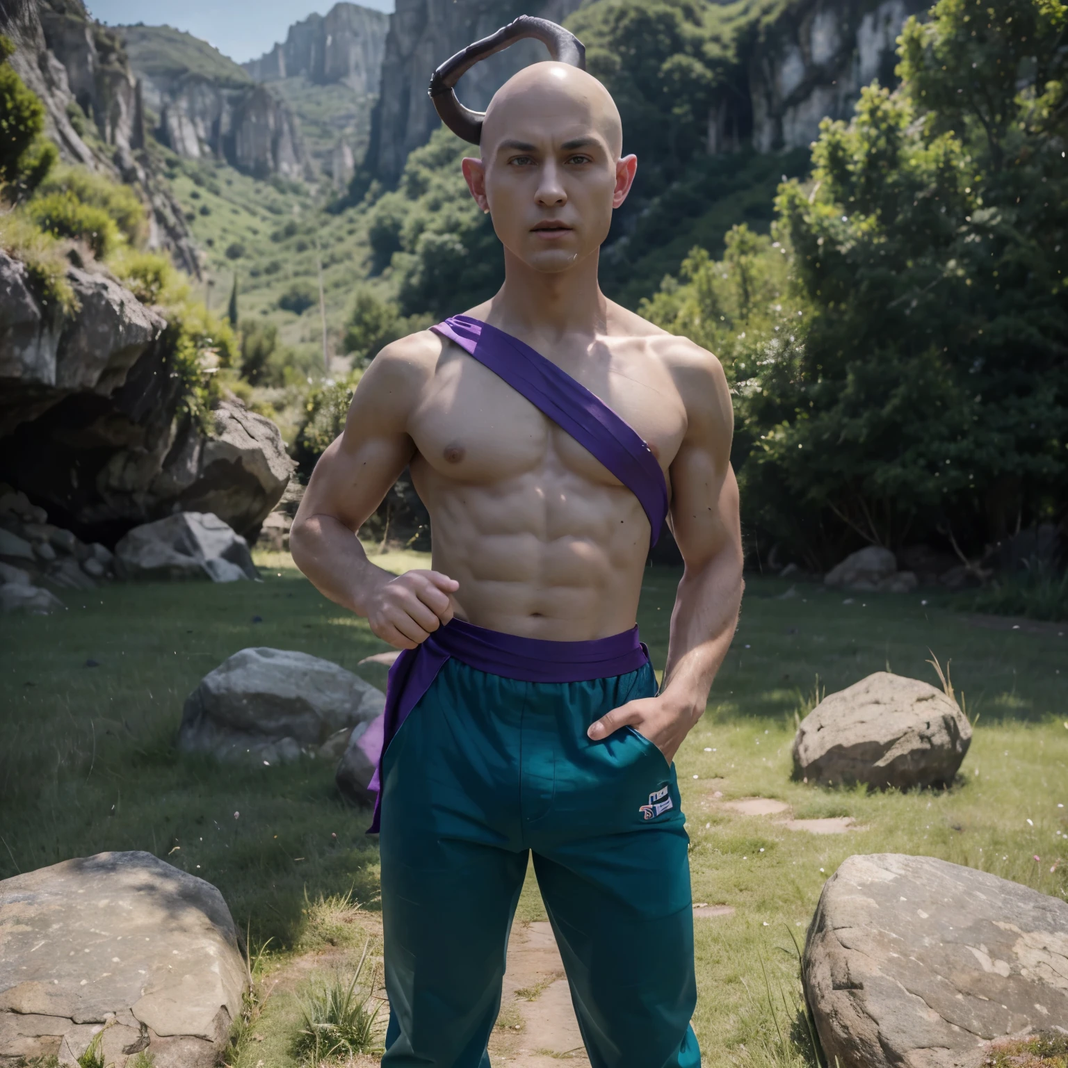 masterpiece, best quality, realistic, photorealistic, 8k,piccolo, 1boy, male focus, solo, standing, pointy ears,(blue dougi), green skin, oni horns, purple pants, close mouth, looking at viewer, ((bald)),arms at sides,pink patches,black eyes, purple sash, rocks, grassfield