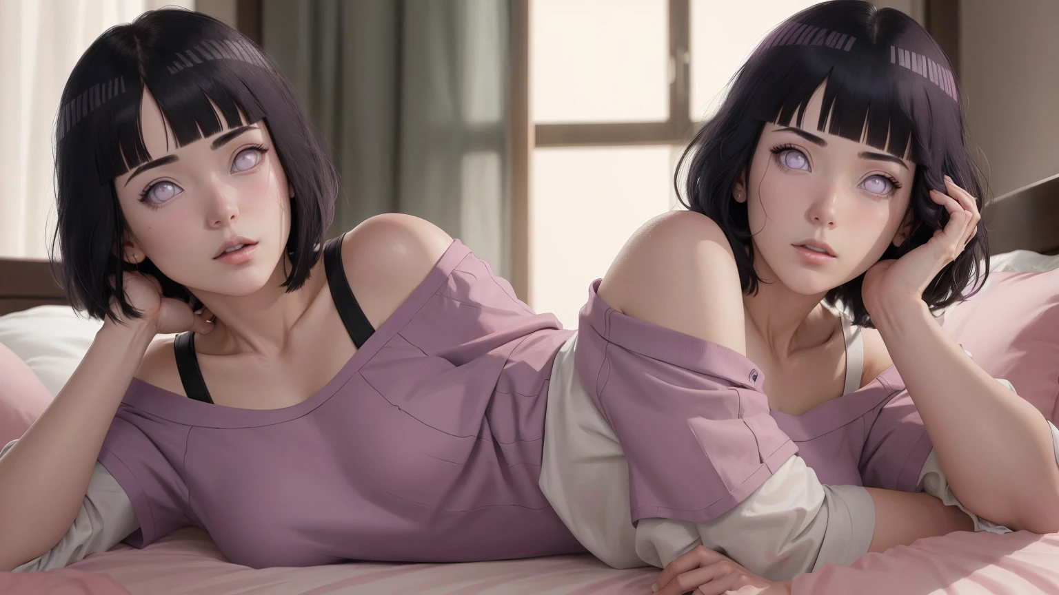 { - erro de anatomia} masterpiece, absurdres, hinata\(boruto\), 1girl, solo,mature female, off-shoulder oversized shirt, on your back, looking back, with your chin under your shoulder, perfect composition, detailed lips, beautiful face, body propotion, blush, (pink lips), short hair,  purple eyes,  soft gaze,  super realistic, detailed, photoshoot, realistic face and body, sexual expression, seductive expression, laying on the bed