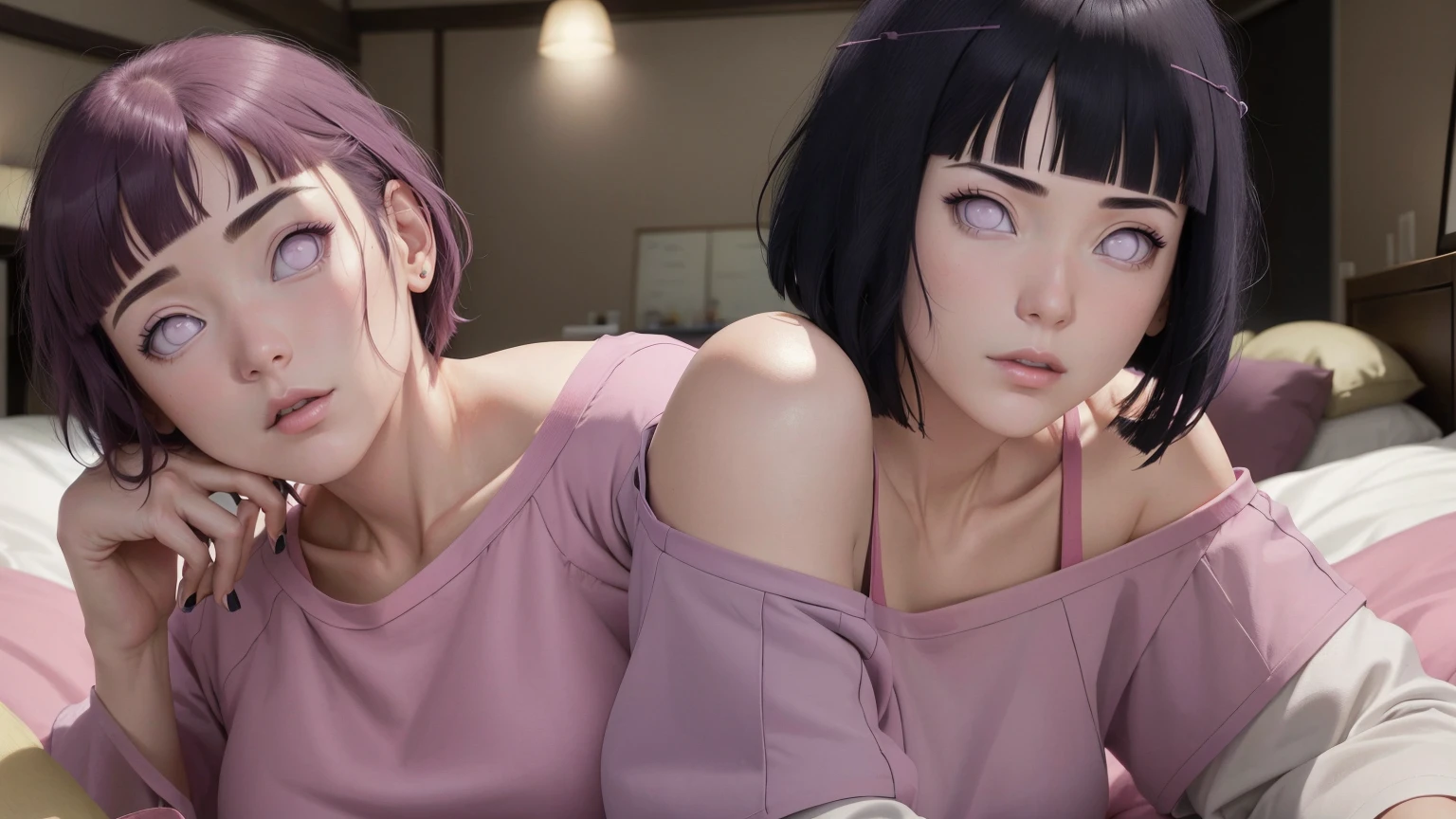 { - erro de anatomia} masterpiece, absurdres, hinata\(boruto\), 1girl, solo,mature female, off-shoulder oversized shirt, on your back, looking back, with your chin under your shoulder, perfect composition, detailed lips, beautiful face, body propotion, blush, (pink lips), short hair, purple eyes, soft gaze, super realistic, detailed, photoshoot, realistic face and body, sexual expression, seductive expression, laying on the bed