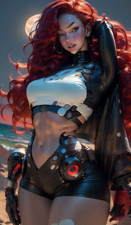 (Masterpiece, 4k resolution, ultra-realistic, very detailed), Woman body defined thick thighs cybernetic body parts, short underwear), [ ((25 years old), (long red hair: 1,2), body entire, (blue eyes: 1.2), ((sexy pose)), ((sandy environment) :0.8)|(cityscape, night, dynamic luminous moon))] 