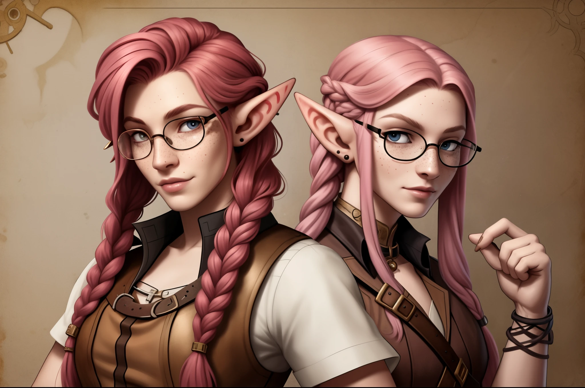 Beautiful Elf posing. with freckles and glasses and long pink hair braided, warrior. steampunk.