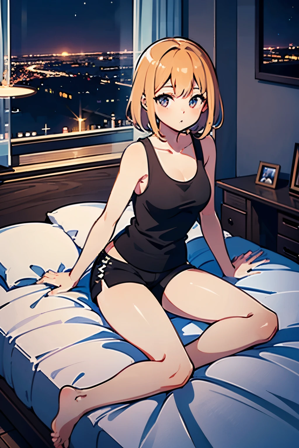 (Masterpiece, Top Quality) 1 girl, night, (black tank top: 1.4), (black shorts: 1.3), love hotel, big bed, lying on bed, night, window, clean night view, full body illustration