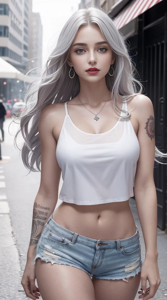 beautiful girl college student, masterpiece, light makeup, red lips, silver hair, messy long hair, street background, beautiful, elegant. super fine details, master works, realistic texture, cinematic lighting realism, perfect job, 8K, HD, exquisite facial features, white tight open cut top, transparent white tight shorts, slim body shape, bright big eyes, , earrings, necklace, tattoo