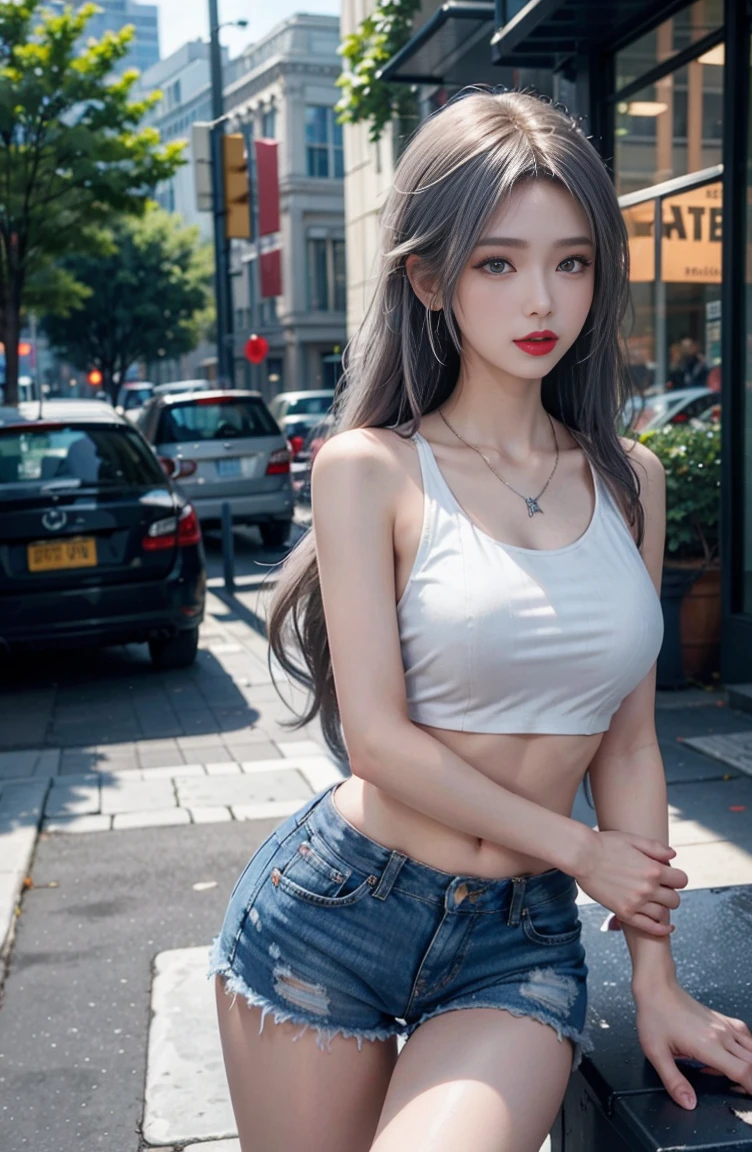 beautiful girl college student, masterpiece, light makeup, red lips, silver hair, messy long hair, street background, beautiful, elegant. super fine details, master works, realistic texture, cinematic lighting realism, perfect job, 8K, HD, exquisite facial features, white tight open cut top, transparent white tight shorts, slim body shape, bright big eyes, , earrings, necklace, tattoo