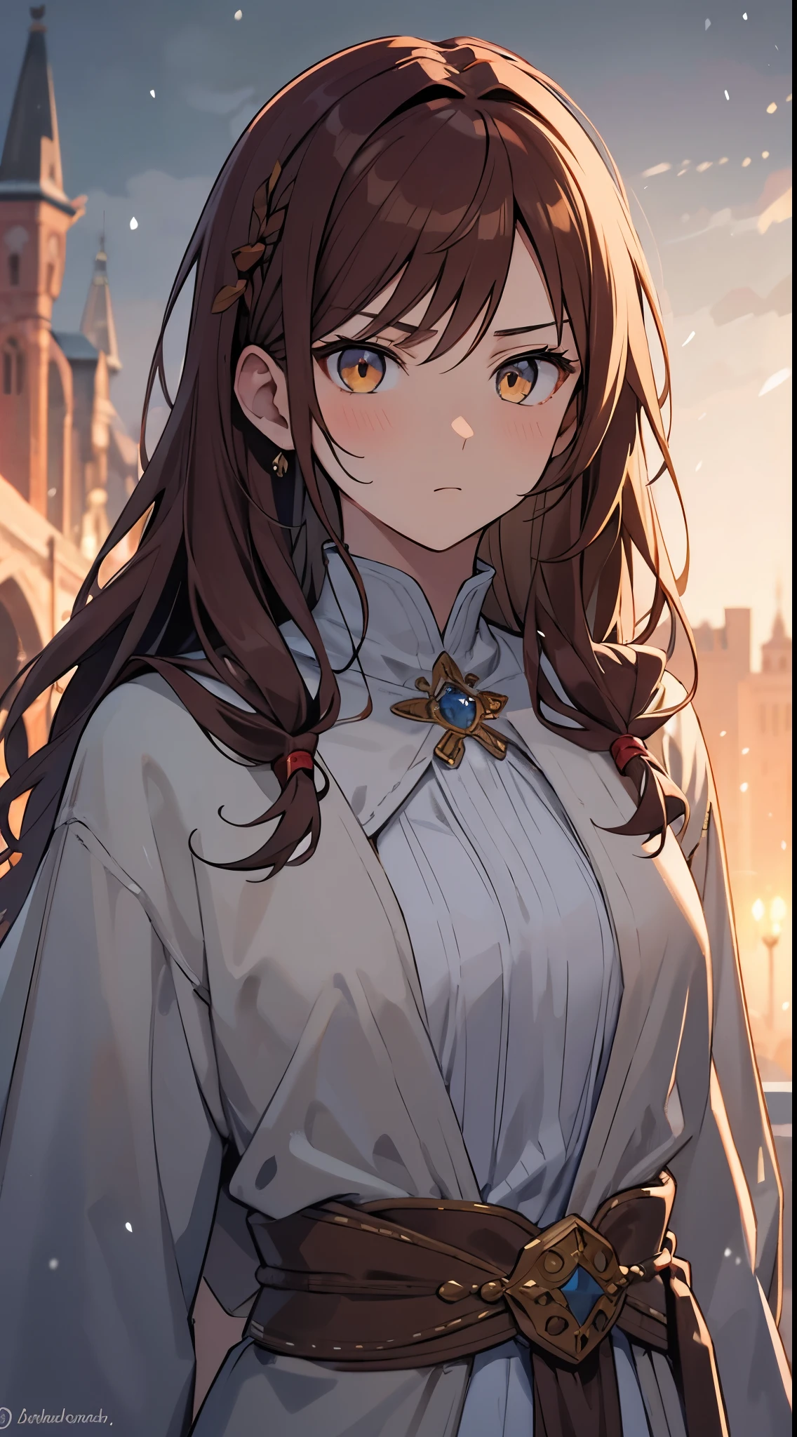 [[[masterpiece:1.2 ultra-detailed, best quality, soft skin, beautiful, 4K, high definition]]] portrait, auburn hair, amber eyes, long hair, slender body, barrettes, serious expression, elegant, dignified, masterpiece, medieval, winter robes, medieval city snowy background