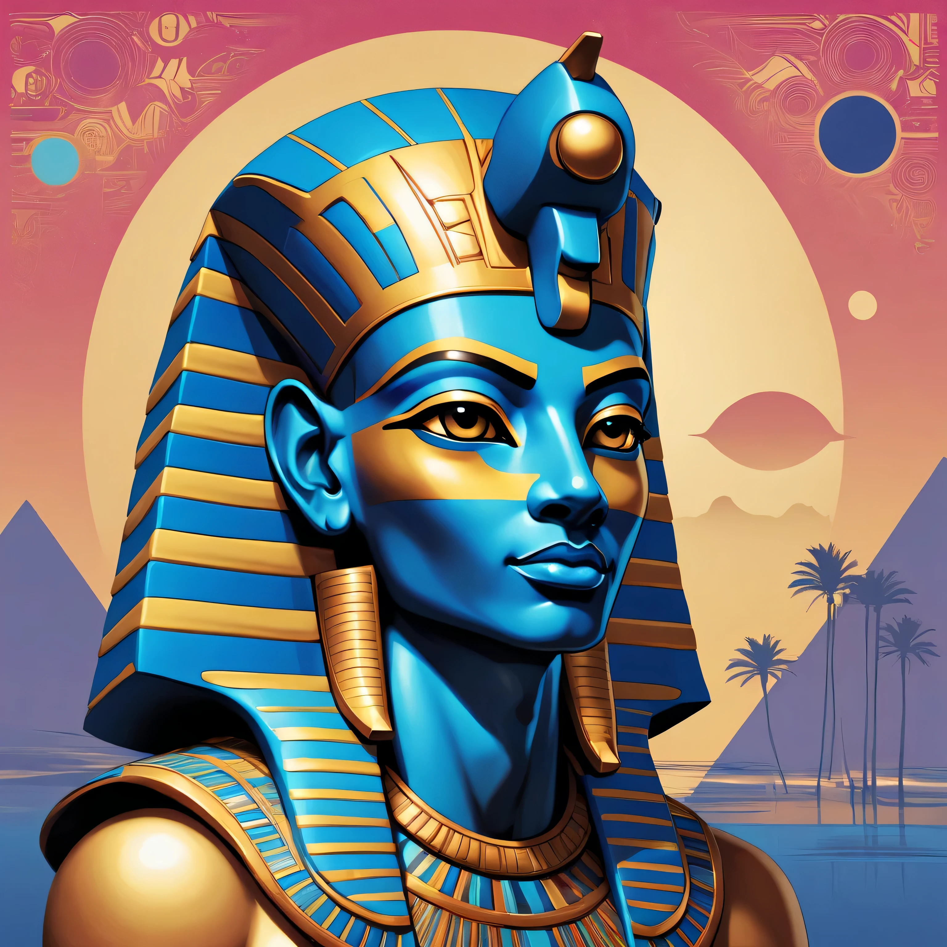 In Digital Pop Art-Anime fusion style, design a visually striking representation of the enigmatic Egyptian god Ptah. Blend the intricate patterns and symbolism of Ancient Egyptian mythology with the bold, vibrant colors and exaggerated features of Pop Art. Apply a luminous and bioluminescent effect to illuminate the hidden mysteries within the god's form and bring the composition to life. Ptah's figure should be a central focus, portrayed in a clever way that balances the surreal elements of Pop Art with the deep spiritual significance of the Egyptian god. Avoid using traditional Egyptian iconography for this piece, as we want to showcase a fresh, unique interpretation of Ptah.