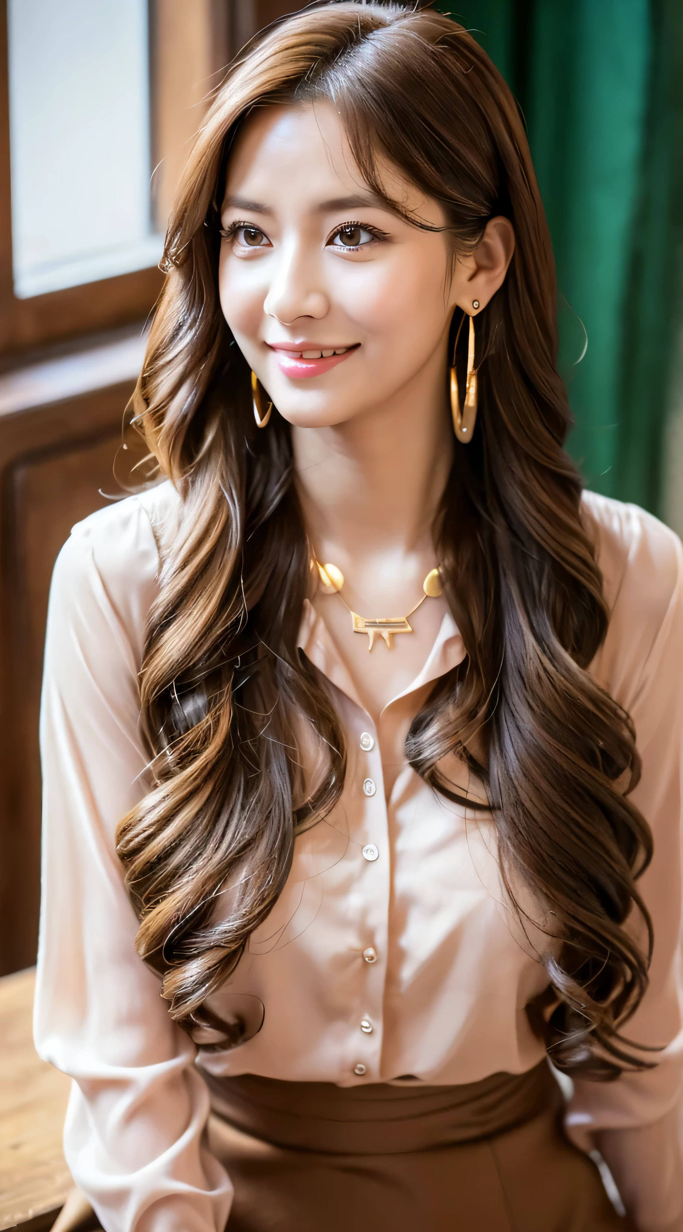 ulzzang -6500-v1.1, (Raw photo:1.2), (Photorealsitic), Beautiful detailed, (Real: 1.4), ighly detailedな目と顔, beatiful detailed eyes, Standing in the office、(Pink Ribbon Blouse＿flare miniskirt:1.2)、(Ultra-realistic pantyhose、high-heels)、Standing cross-legged、huge filesize, hight resolution, ighly detailed, top-quality, [​masterpiece:1.6], illustratio, ighly detailed, nffsw, finely detail, top-quality, 8k wallpaper, Cinematographic lighting, 1 milf, 43 yeas old, perfect body type, cute droopy eyes beautiful big eyes、Pieckfinger, ((masutepiece)), Best Quality, 1 milf, eye shadow, Portrait, ((FULL BODYSHOT:1.4))、(Very affectionate smile:1.2)、((Brown-colored super long hair:1.4))((Loose and wavy hair:1.3))((Gold Necklace＿large earring:1.2))