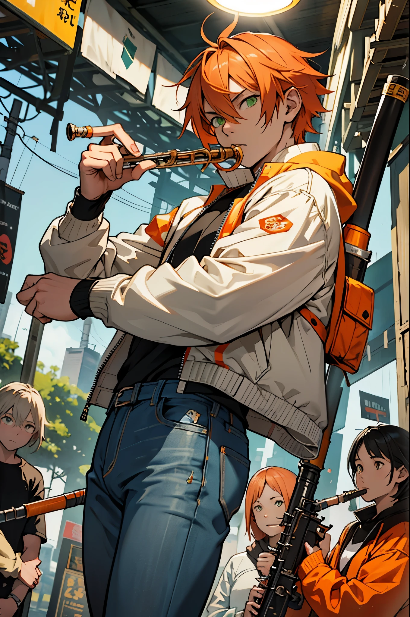 Renzu Ito Appearance: medium height, with orange hair and green eyes.
Cloth: Wears a light gray jacket, jeans and sneakers.
Nature: Vigorous, witty, always in the spotlight.
Distinctive features: Loves experimenting with new abilities and weapons.
Weapon: Wind instrument (the flute).
Ability: 59 - manipulation. Can manipulate objects and creatures using music, your wind instrument.