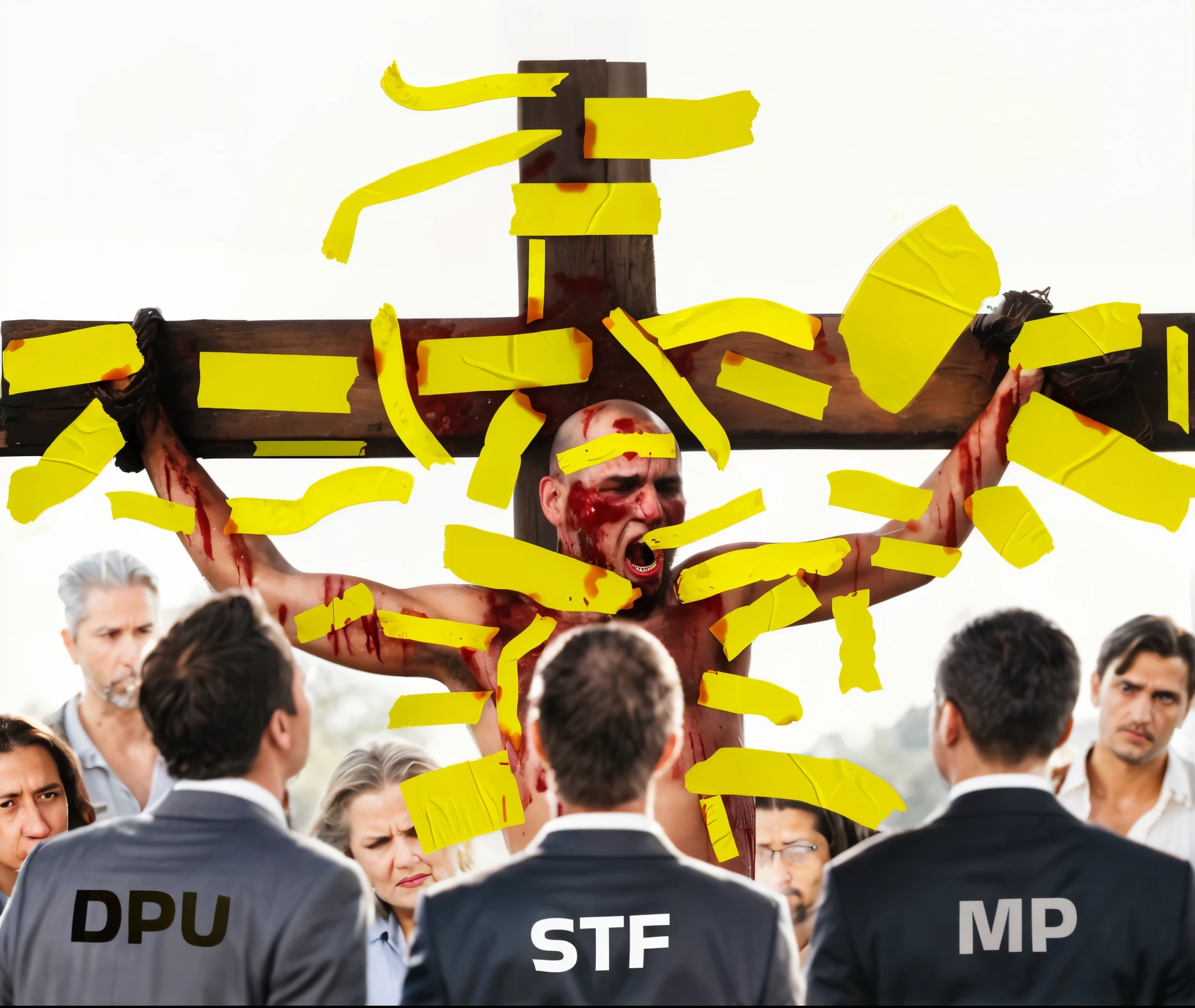 Incredible attention to detail is evident in this superrealistic image. people have an expression of anger and pity. the faces are perfect. yellow stickers are glued to part of the body and the cross, with blood stains. the face and body of the crucified man are those of a German man with no hair or beard, with his face showing suffering, pain and anger.


