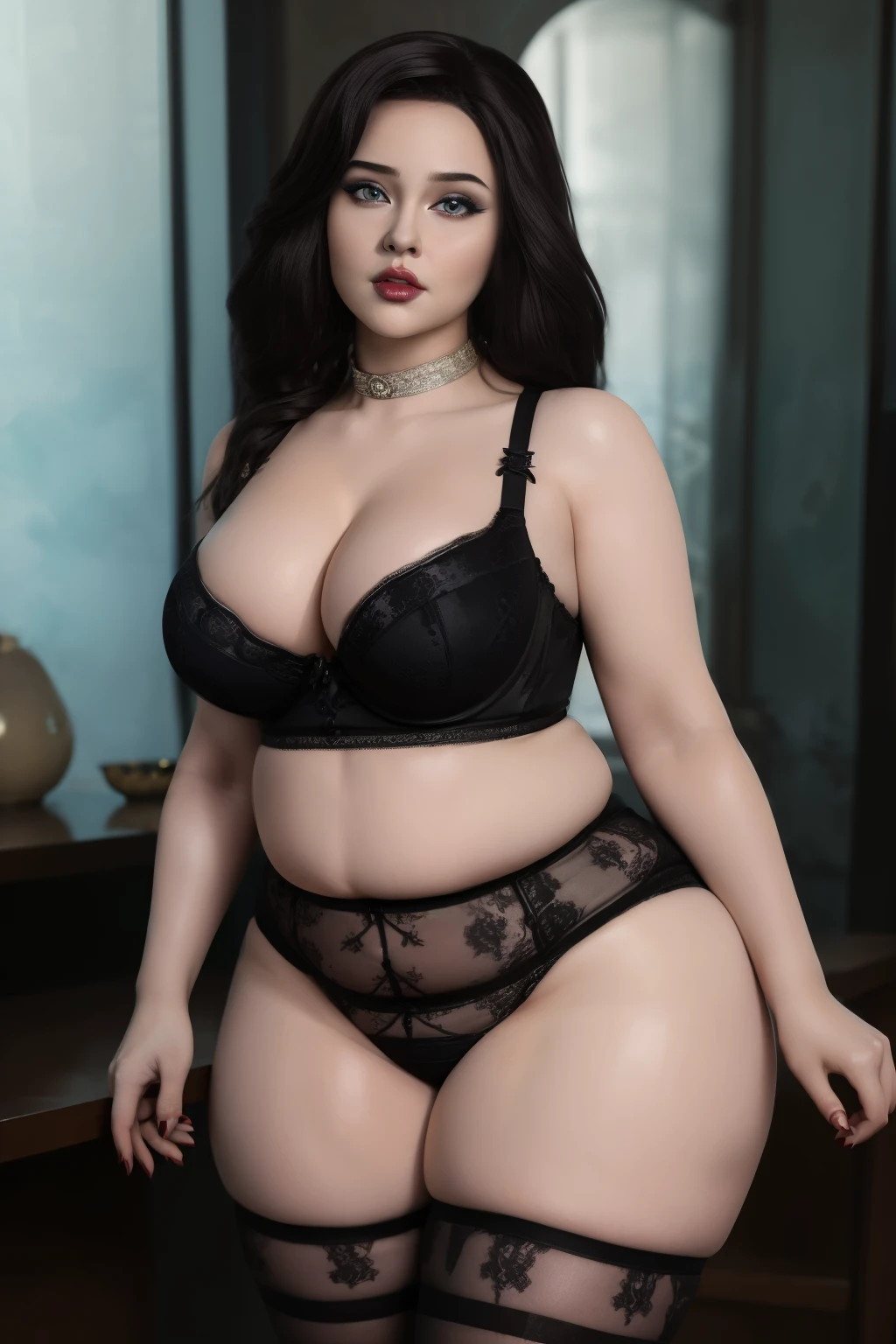 masterpiece, (photorealistic), (8k wallpaper) , (best quality), perfect quality, solo, (detailed eyes), girl, Elizabeth, very beautiful, small smile, young, face : (make up, young, very beautiful face, small smile, very plump cheeks, round face, double chin, plump face, opened mouth, very beautiful, cute face, young, big eyes) , figure: ( very full body, big breasts, very full figure, very thicc, very thick, very chubby, very chubby belly, belly bulge, wide waist, very soft, very curvy, love handles, fat rolls, belly rolls, sexy curves, sexy pose, sexy, muffin top, very thick thighs, thunder thighs) , clothes : (tight lingerie, black tights)