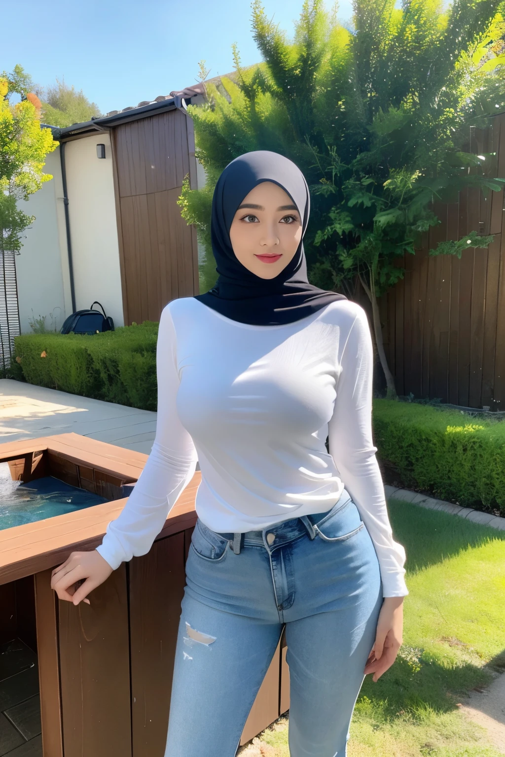 beautiful hijabi, slim, tall, big breast, mature woman, (see through white delicate tight long sleeves shirt, pencil jeans), seductive pose, in the backyard, high heels, hands grabbing breast, hand on breast