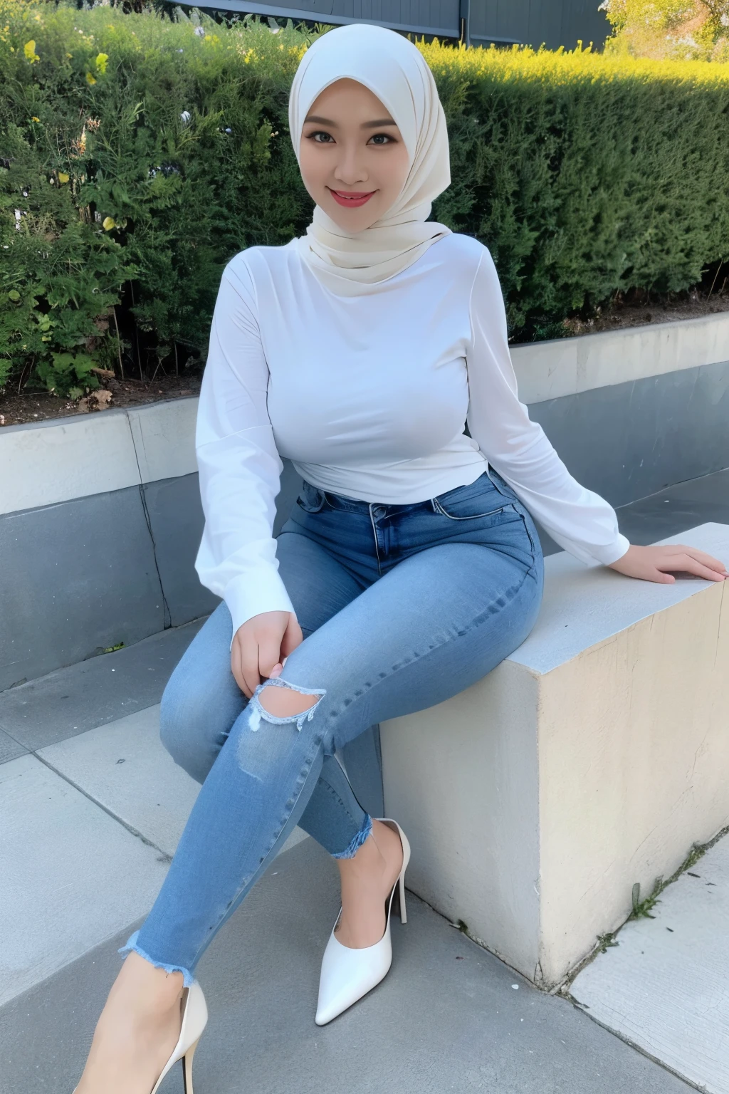 beautiful hijabi, slim, tall, big breast, mature woman, (see through white delicate tight long sleeves shirt, pencil jeans), seductive pose, in the backyard, high heels, hands grabbing breast, hand on breast