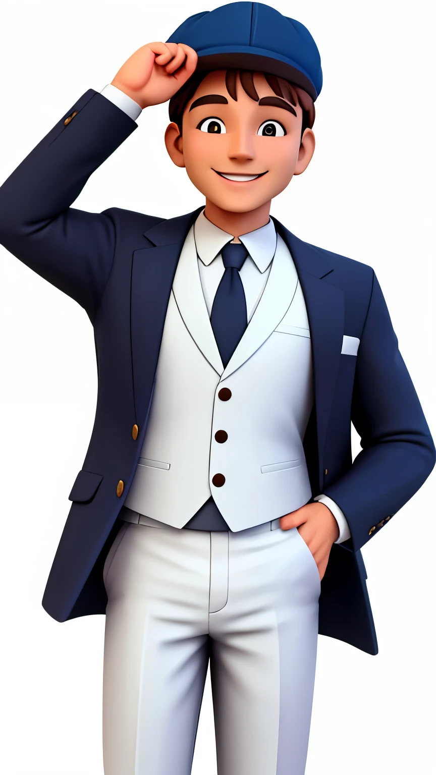 a 3d style white skinned man smiling with medium brown hair (( wearing a cap )) (( wearing a suit )) com o fundo preto