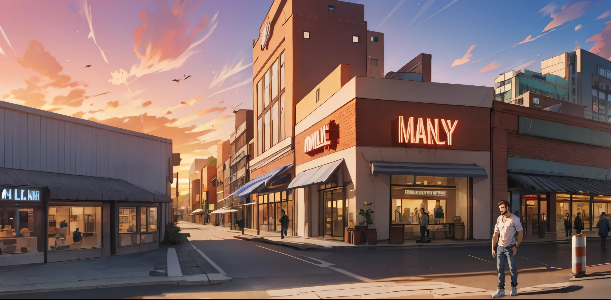Sunset, city, mall, long-haired manly white italian man