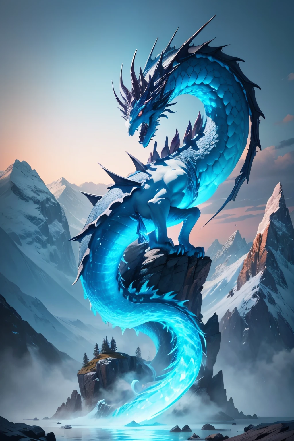 ice dragon on top of a mountain, focusing on the dragon and with 4k image and lots of details