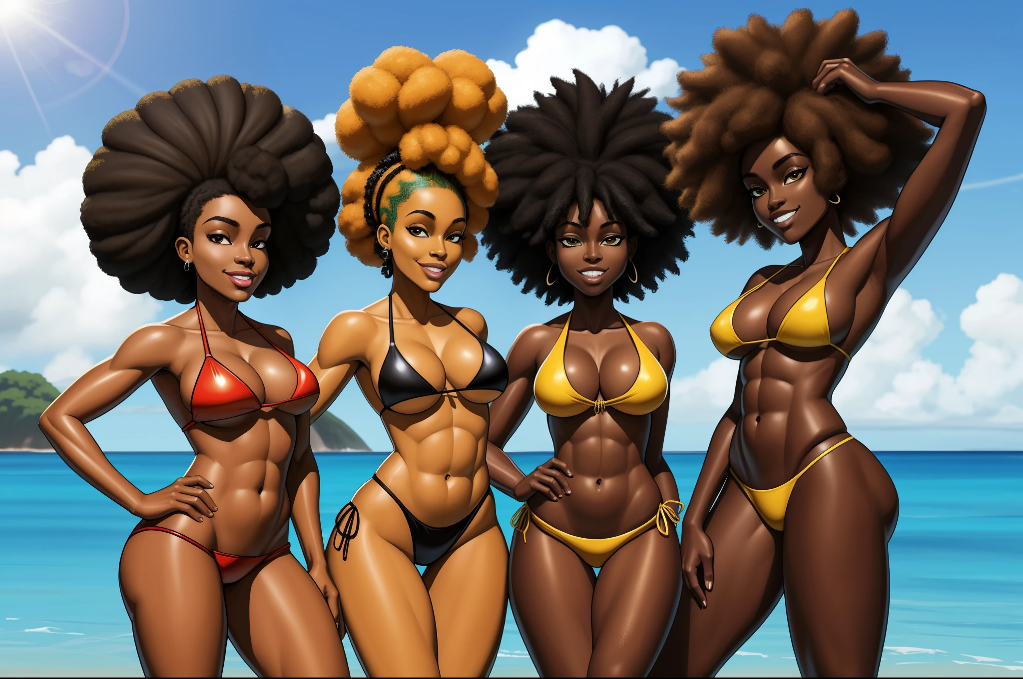 Three women in bikinis and ties posing for a photo, epic oshun, Estilo afrofuturismo, realistic bikini, Afro futurista, afro - estilo futurista, anime afro futurismo |, Futurismo Afro, Anime estilo deviantart arts tation cgscosiety, Afro Futurista, stylized rendering, Cores da Jamaica, epic yemaya, Afro futuristic woman in bikini posing for photo, wearing a two-piece swimsuit, pele escura, mulher negra, Full body photo in bikini, Rainha africanoa, corpo grande, de pele escura, bikini model, swimsuit model, is wearing a swimsuit, africano, thicc, mulher africanoa, mulher jovem negra, Jamaican vibe, marrom, afro

