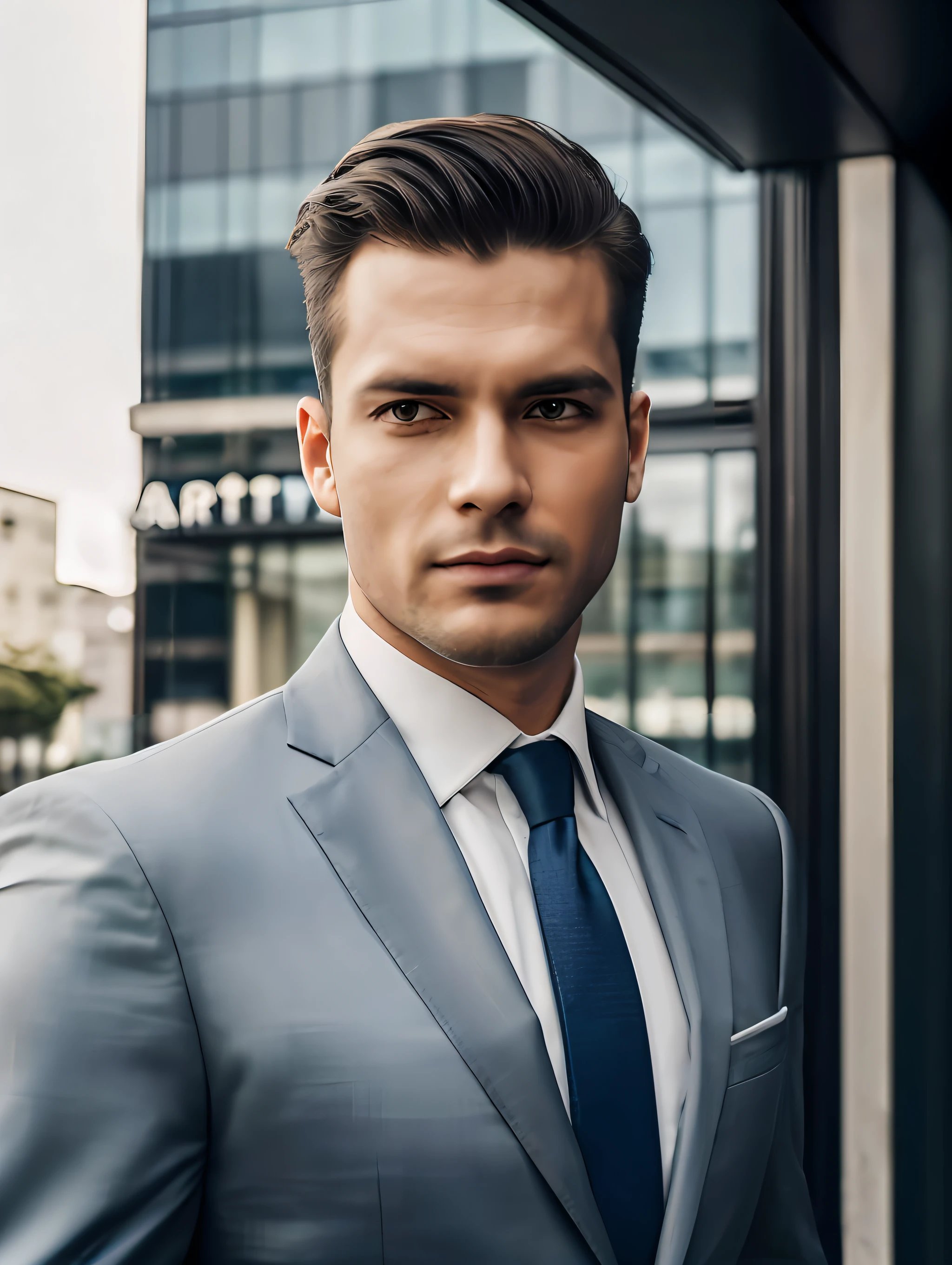 ((tmasterpiece)), (((high-quality photo)))Men in suit and tie, standing in front of the building, photo by James Baines,High facial detail, (A detailed eye) , (An open look) , (close - up) , Detail Skin, pores skin, Popular on Pexels, (((Trending on ArtStation))), A new objectivity, Stock Photo, (UHD), 8K resolution