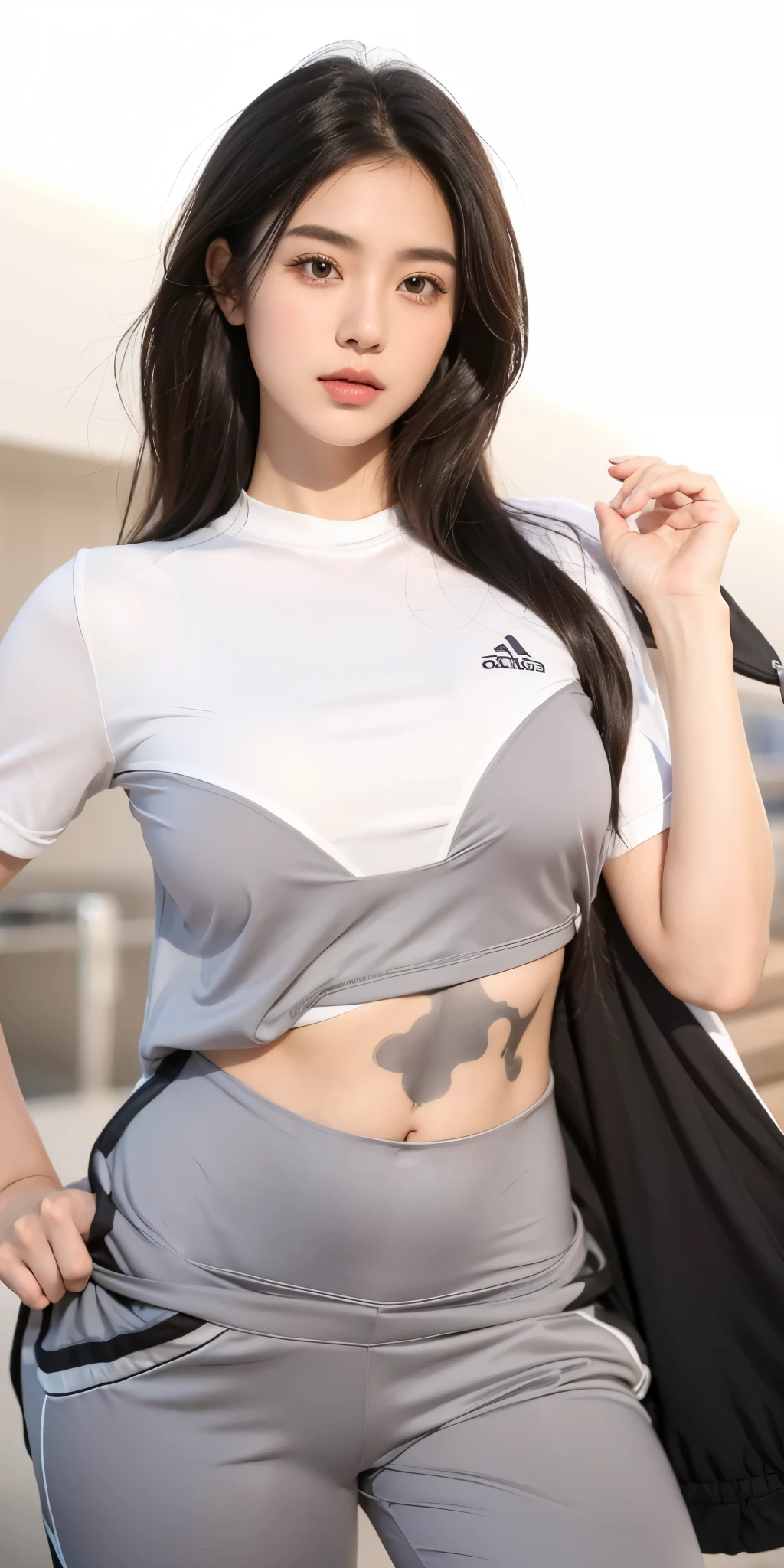 1girl, solo, white polo shirt, white sneakers, tennis wear, white mini skirt, masterpiece, best quality, realistic, ultra-detailed, (shiny skin, sweating: 1.4), ridiculous, looking at the audience, short black hair, brown eyes, slender, dynamic light and shadow, high resolution, sharp focus, depth of field, fine eyes, sharp pupils, realistic pupils, (big breasts: 3.0), (thigh thickness: 1.0), outdoor, sky