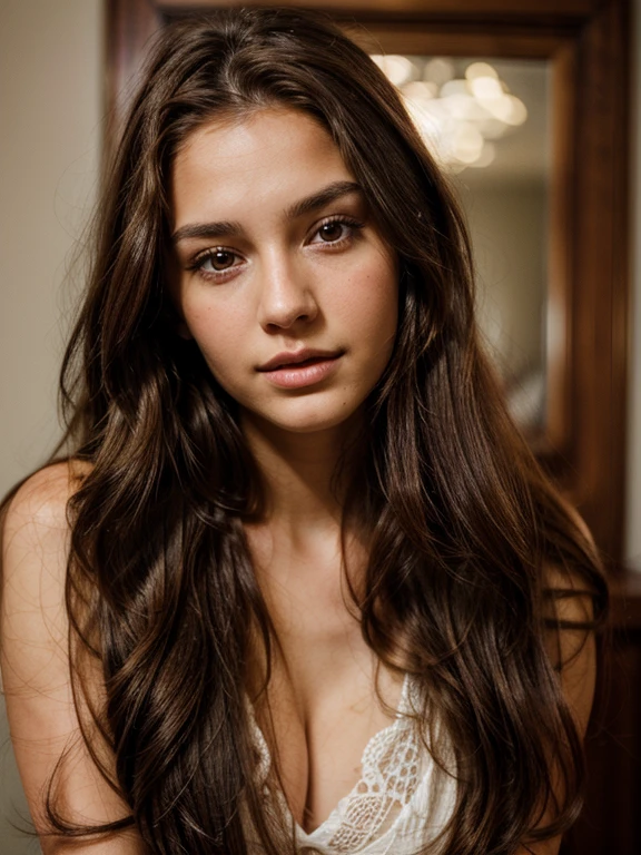A photorealistic portrait of a 22-year-old Frenchman of mixed race/Deutsch/Latin American girl with long ones, flowing brown hair and striking brown eyes.
