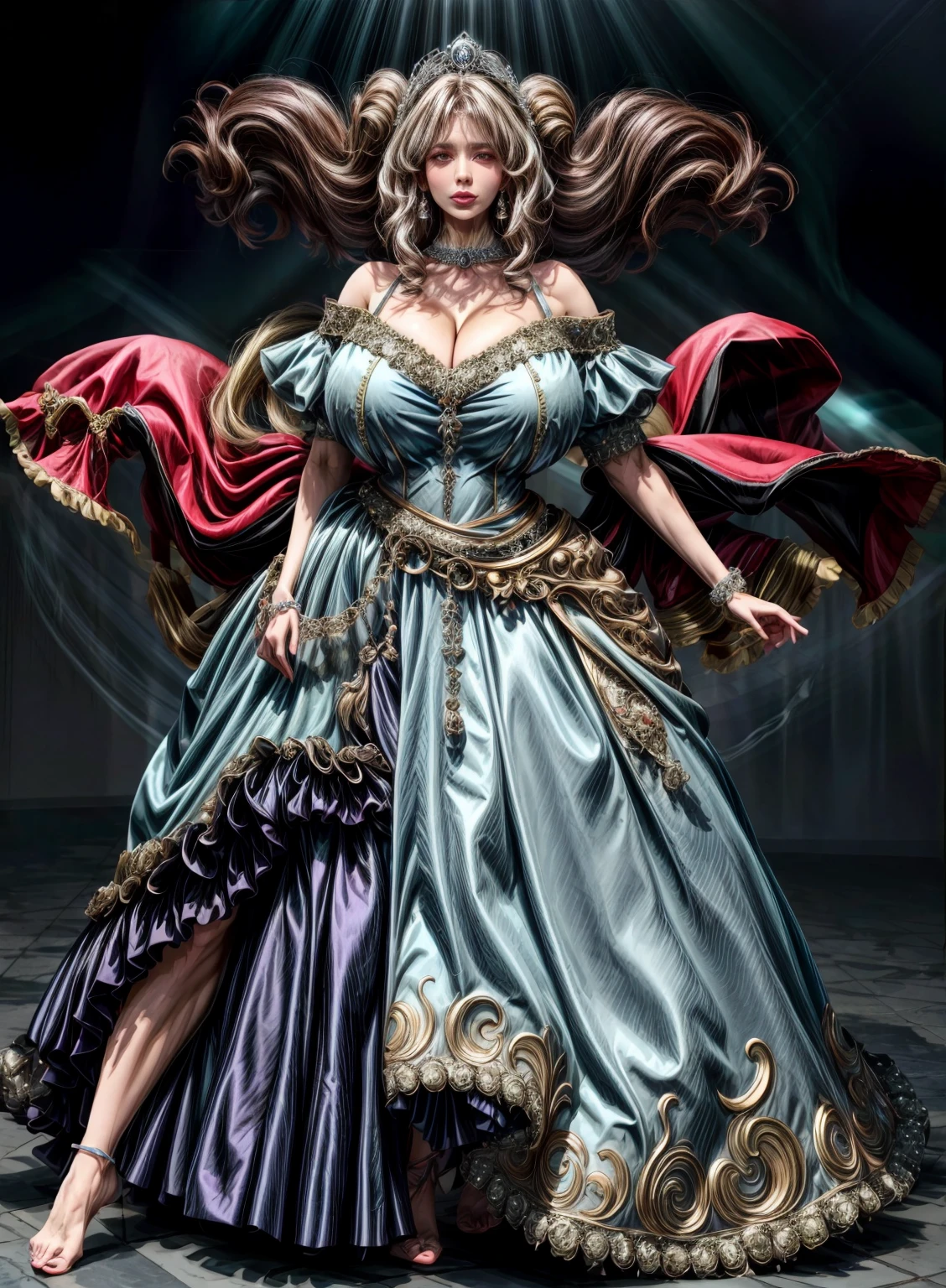 ((anime artstyle)),(Masterpiece),(Best Quality), (Super Detail),((Very Delicate and Beautiful)),cinematic lighting,1 girl,((full body portrait)),((standing in garden)),((solo)),(((1 bling-bling princess in gorgeous embroidery and bling-bling jeweled extremely gorgeous princess rococo ballgown with voluminous full length hoop skirt))),an hourglass waist,padded and corseted bodice,(((huge crinoline hoopskirt))),long train,((gorgeous embroidery and jeweled)),voluminous frills,See-through,(gorgeous embroidery and beautiful lace),(((extremely gigantic tits,skindentation))),cleavage,((large amount of straight hair,extremely voluminous Straight long Hair,Very Long Straight Hair)),(finely detailed face and eyes),clear pupil,extremely gorgeousfull hair ornament,(bling-bling jeweled extremely gorgeousfull tiara),(bling-bling gorgeous gemstone jewelry),long veil,(beautiful background),(full body),((gorgeous embroidery and bling-bling jeweled extremely gorgeous princess rococo ballgown with voluminous full length hoop skirt)), curly hair, mature, milf
