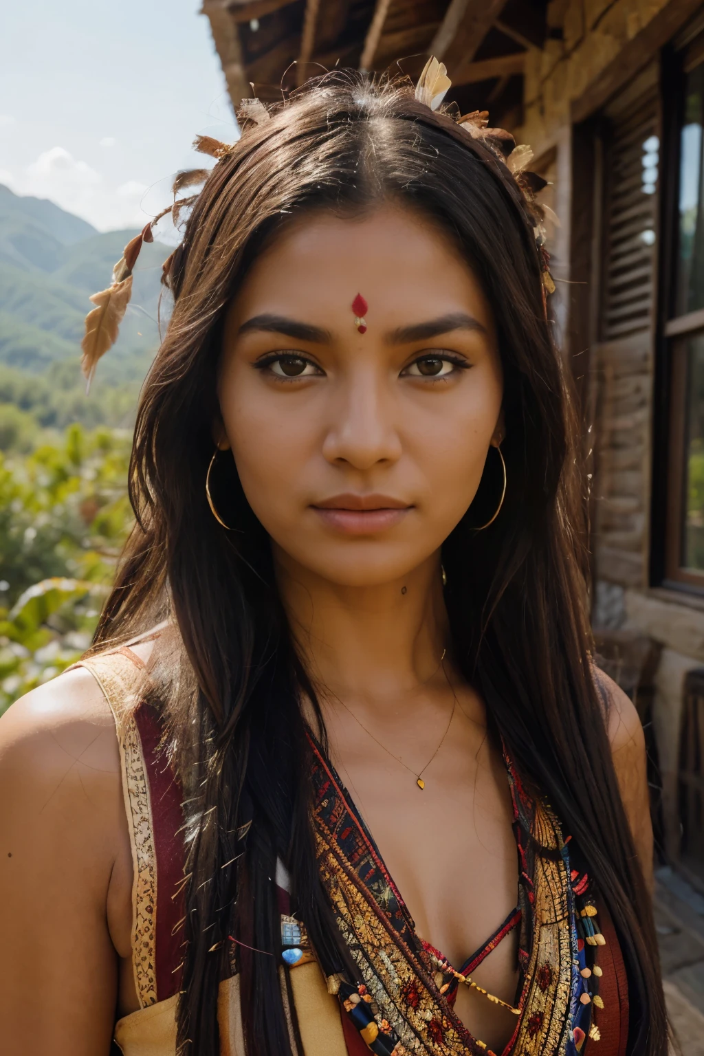 (high quality,realistic:1.2)Indian Apache woman,non-nude,bow and arrow,painted face,beautiful detailed eyes,long hair,bold and confident expression,dressed in traditional attire,feather headdress,ornate jewelry,sunset scene,gorgeous colors,soft natural lighting,surrounded by nature,lush greenery,peaceful atmosphere,majestic mountains in the background,captivating landscape,heritage and culture,tribal motifs,vibrant art style,unique patterns and textures,rich and warm color tones,creating a sense of mystery and strength.