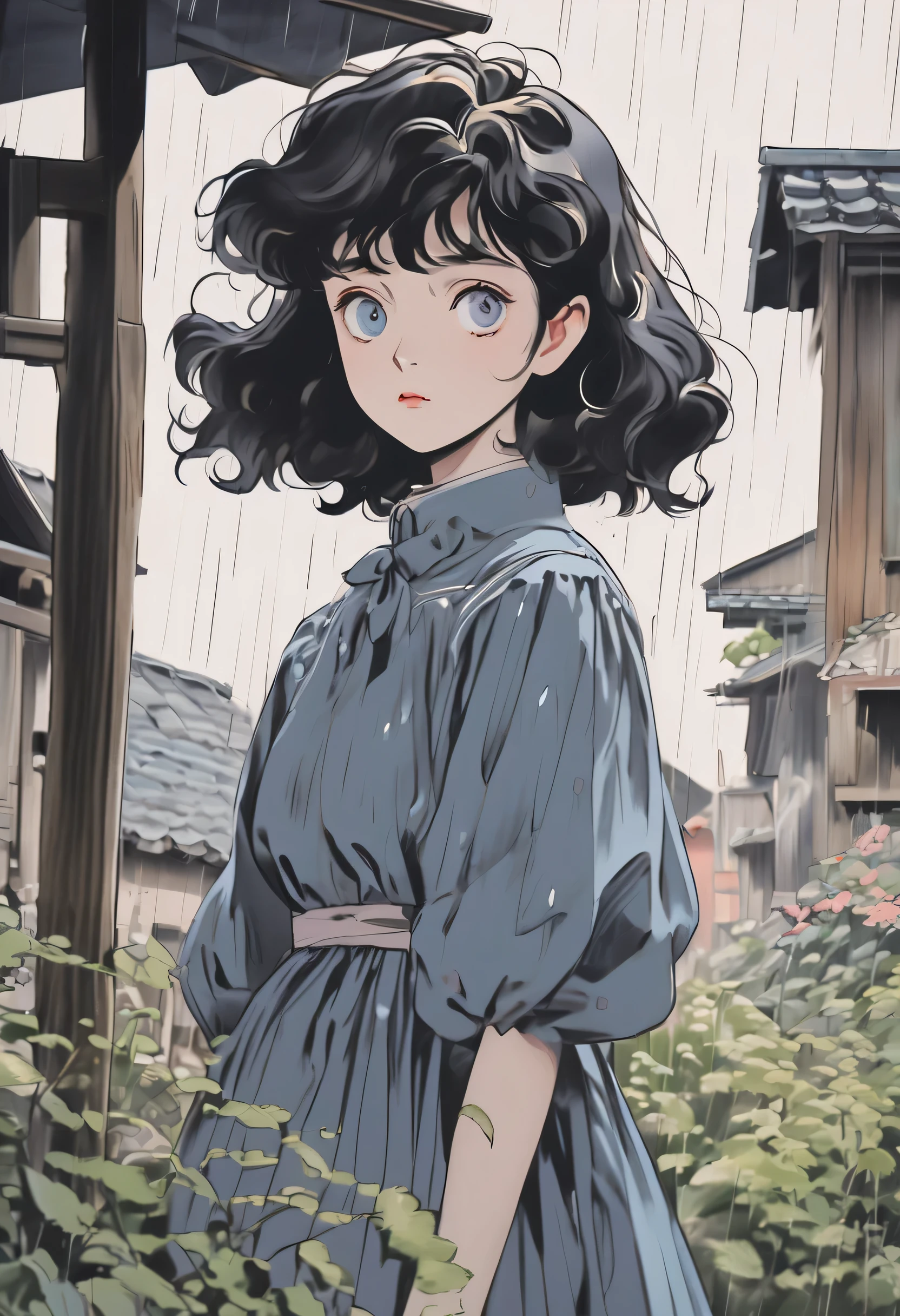 detailed rough drawn close up portrait of an anime girl with fully drawn eyes wearing vintage in a village in rural america, Nagabe art style, black wavy hair, overcast, cloudy, might rain, darker tones, drawn anime illustration, black and white color scheme for the dress, neo-american, painted in anime painter studio, anime style illustration, made with anime painter studio, in anime style, in an anime style, with short hair, anime style portrait, sitting in the garden, anime artstyle, clean detailed anime style, proportions proper, Mob Psycho colorful spectra colors,