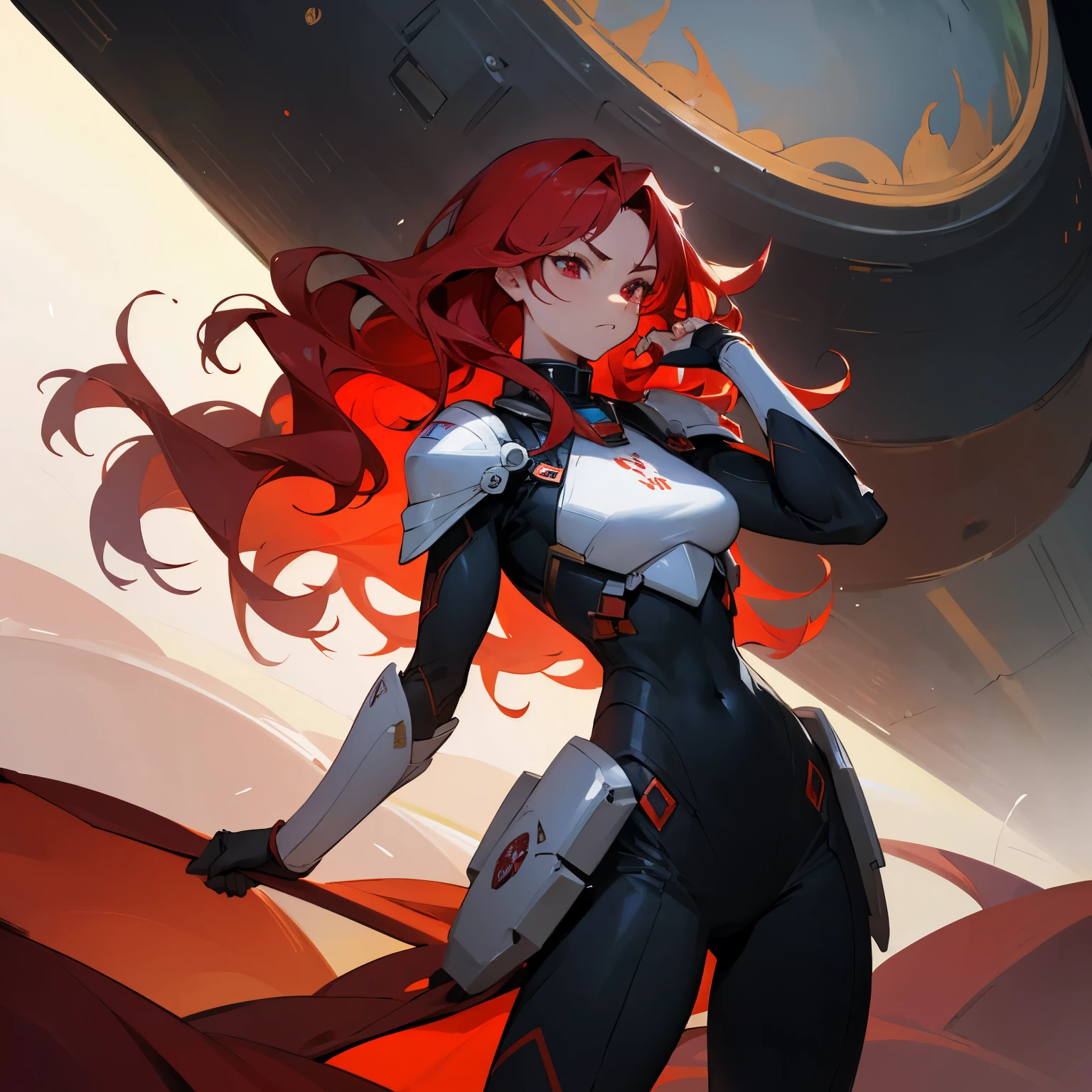 Long Hair , Red Eyes,Red Hair , Wavy Hair , Armor Piece , annoyed expression, Space armor, Martial arts clothing , black eyes, muscular, shoulder armorpiece , Alien Planet Background, Standing in a planes , Slender Build , 1Female , Curvy 