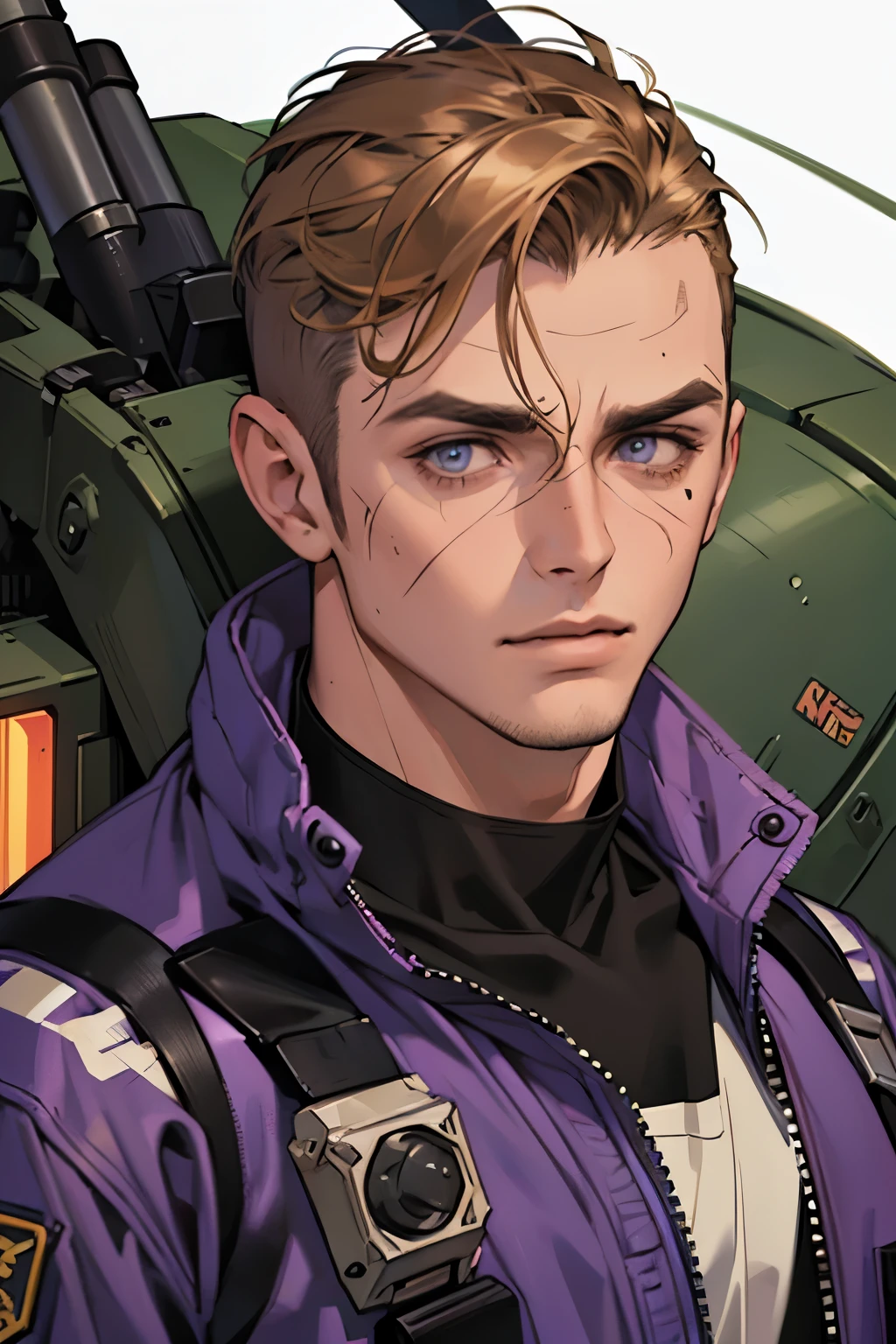 male, rugged, muscular, wide frame, 29 years old, buzz cut, brown eye, dark blond hair, science fiction, mech pilot, purple jacket, closed left eye, weary face, scars around left eye