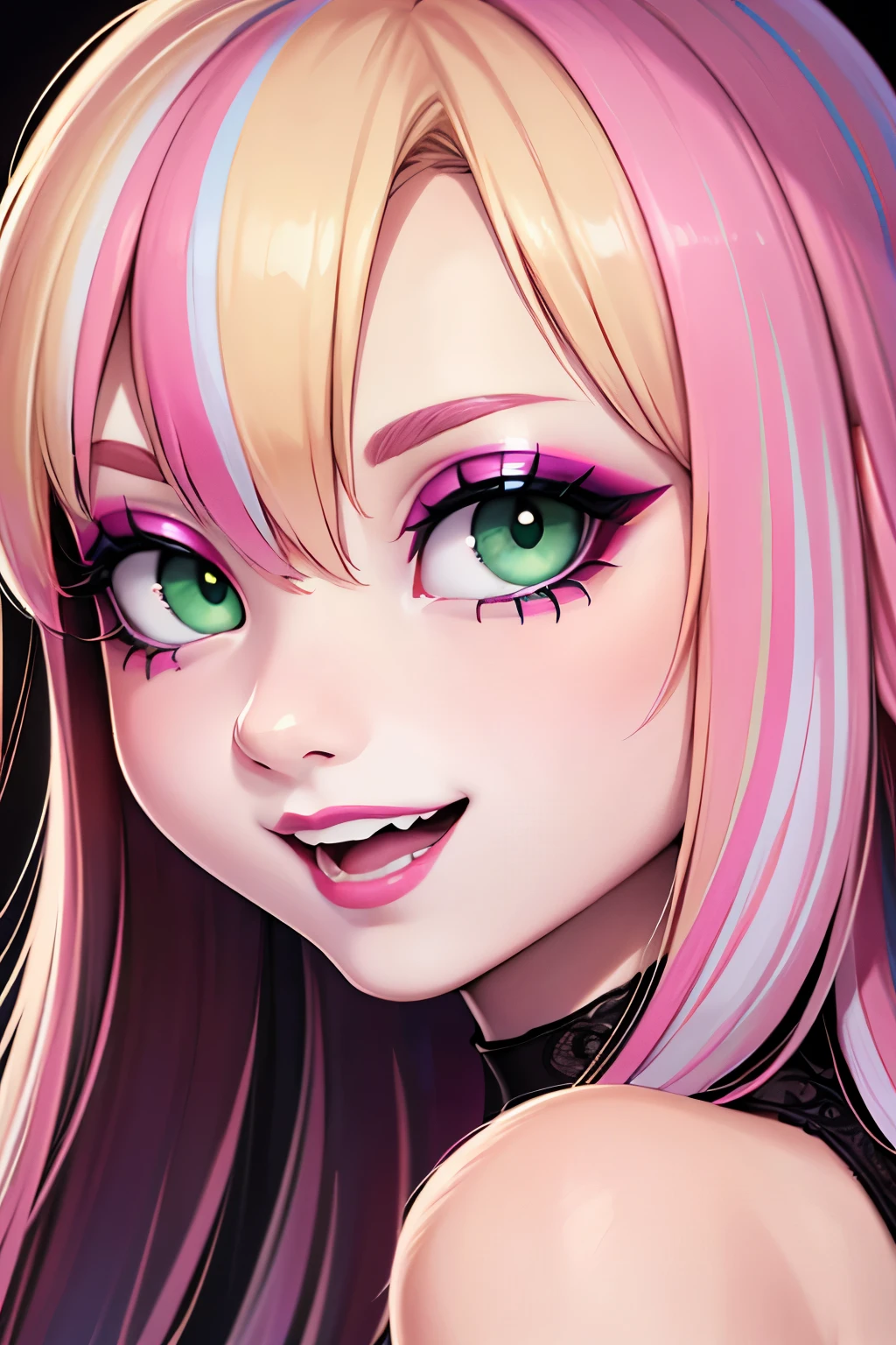 (masterpiece), best quality, expressive eyes, perfect face, joyful laugh, 8k, Professional Photography, Angel girl, detailed face, expressive eyes, (blonde hair:1.3), (pink highlights:1.5), very long hair, (Iridescent halo), perfect nose, ((face close-up)),
BREAK,
green eyes, (High-fashion editorial makeup with avant-garde elements), bold patterns, editorial contours, coral orange lipstick, creating a visual spectacle,