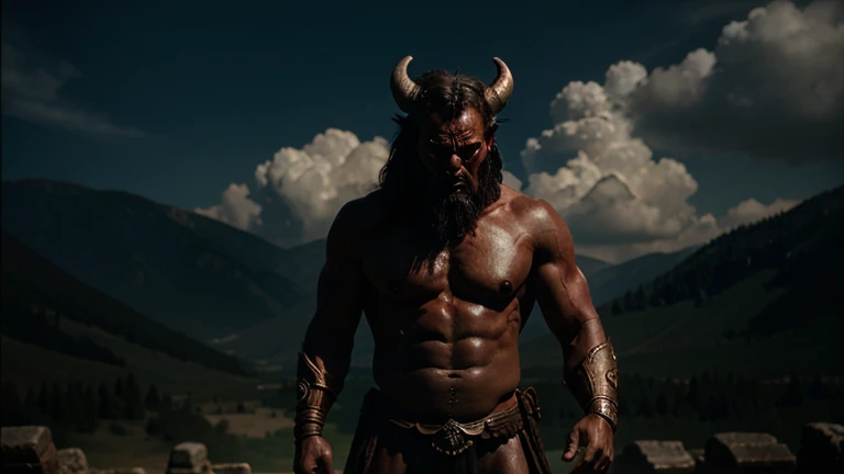 The arena falls silent as the mighty Ares steps forth, his muscular form casting an imposing shadow. His eyes burn with the intensity of a thousand battles as he scans the crowd, daring any challenger to face him. With a thunderous roar, he raises his fists, ready to unleash his fury upon any foolish enough to stand against him.