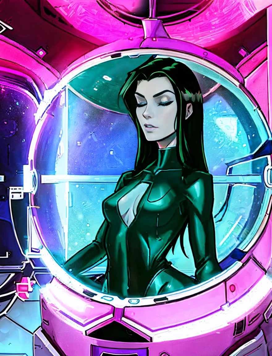2d anorexic cartoon woman, she has a long neck, she has long black hair.mature. she wears a purple v-neck skin tight body suit. She inside a stasis pod capsule in space. She asleep with her eyes closed