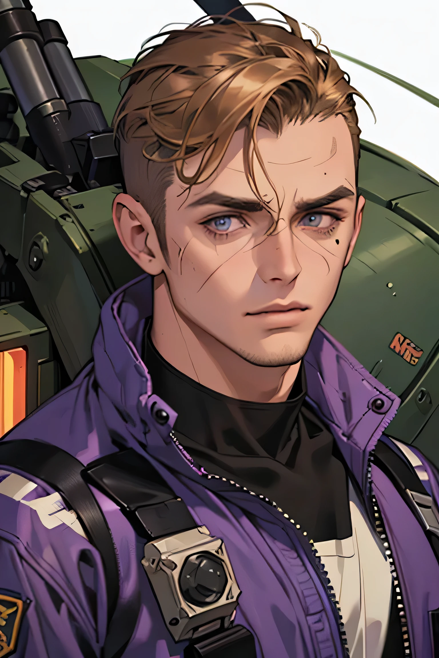 male, rugged, muscular, wide frame, 29 years old, buzz cut, brown eye, dark blond hair, science fiction, mech pilot, purple jacket, closed left eye, weary face, scars around left eye