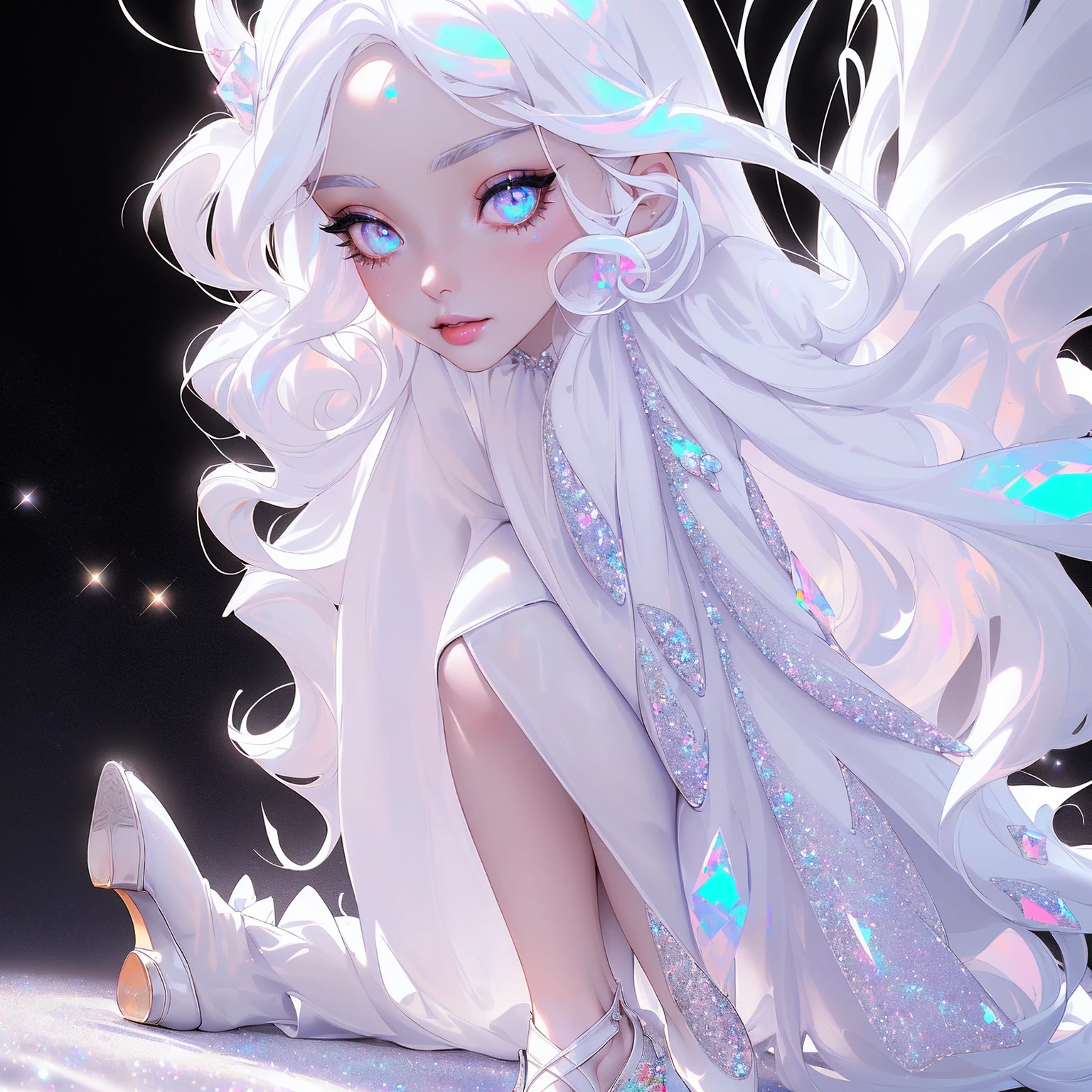 {-erro_de_anatomia:1.0} masterpiece, highest quality, (perfect face:1.1, (high detail)1.1, sweet stardust vampire , long soft white hair, opal eyes, perfectly drawn face, black dress, white background, prismatic lighting, glitter, whole body, cristal shoes, walking feet under the stars