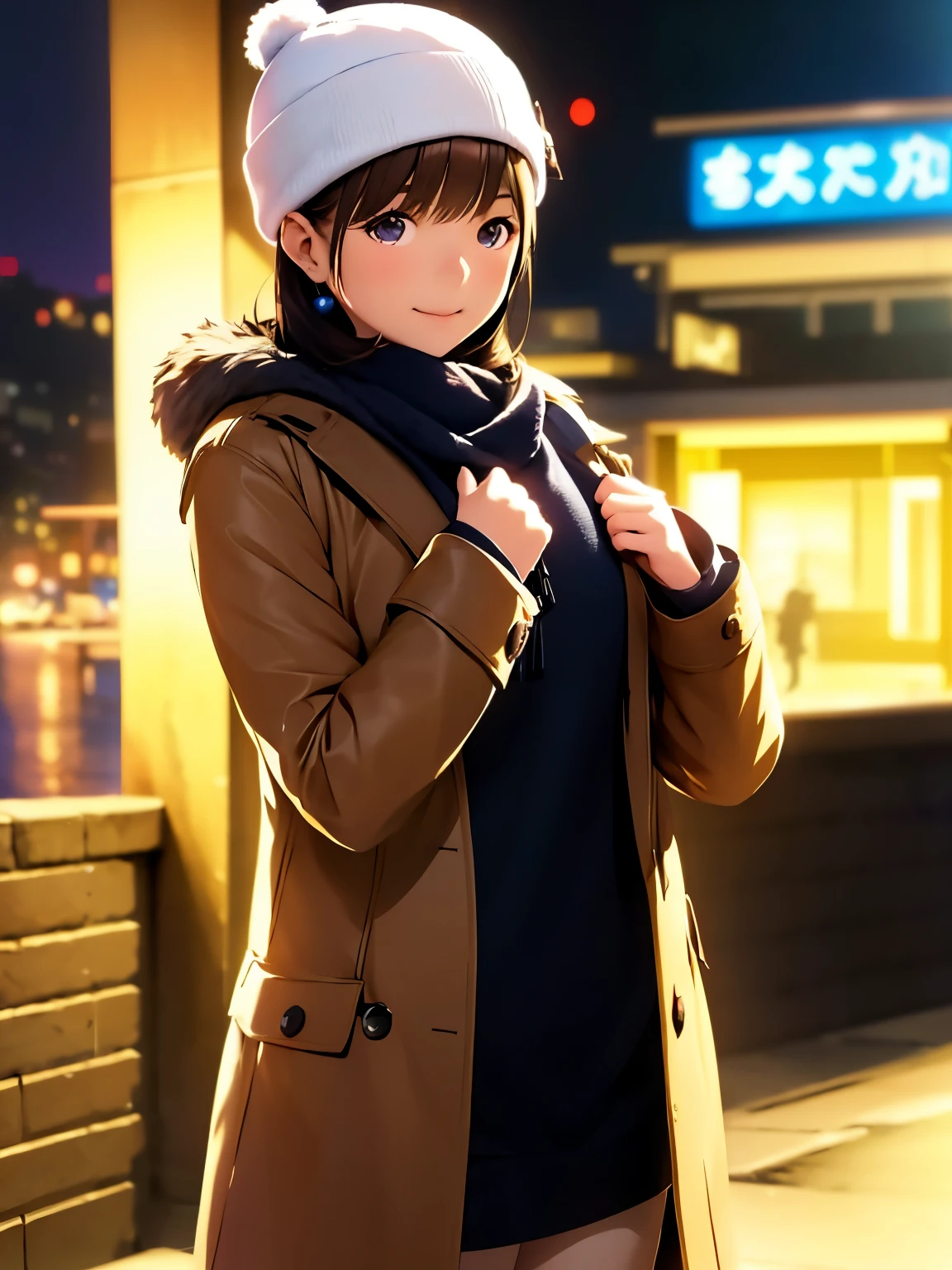 High resolution,8K,best quality,detailed,semi-realistic anime,Anime 3D Style,Smooth Anime CG,1peopleの***,20 year old woman in Japan,slim,model,shiny chestnut hair,medium hair,detailedに書かれた顔,綺麗でdetailedな瞳,glowing skin,(cook coat,Layering,winterの服,knit hat),beautiful earrings,winter,cold morning in december,Christmas,(street:0.8), (people, large crowd:1),hard focus particles,soft lighting,look at the audience,A sluggish smile