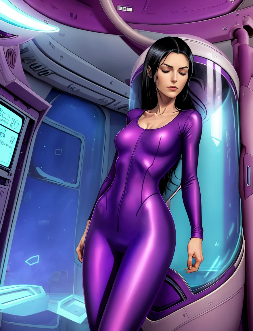 2d anorexic cartoon woman, she has a long neck, she has long black hair.mature. she wears a purple v-neck skin tight body suit. She inside a stasis pod capsule in space. She asleep with her eyes closed