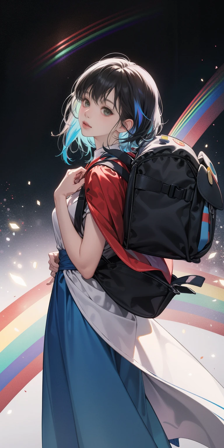 A SOLO backpack(Nobody: 1.5), Masterpiece, Ultimate, (Rainbow Colors), Cape, Viet Dress, Blue Dress, Game Icon,
