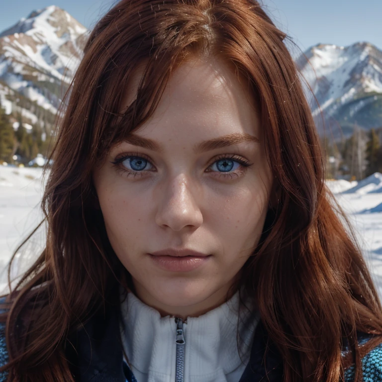 Caucasian red hair middle 20 years girl, super fit, staring at the viewer, she has blue eyes realistic somewhere by the mountains in Denver Colorado, glowin, intense, solodramatic lightinasterpiece:1.2), best quality, high resolution, beautiful detailed, extremely detailed, perfect lighting Realstic, flirting with camera she wearing winter clothes