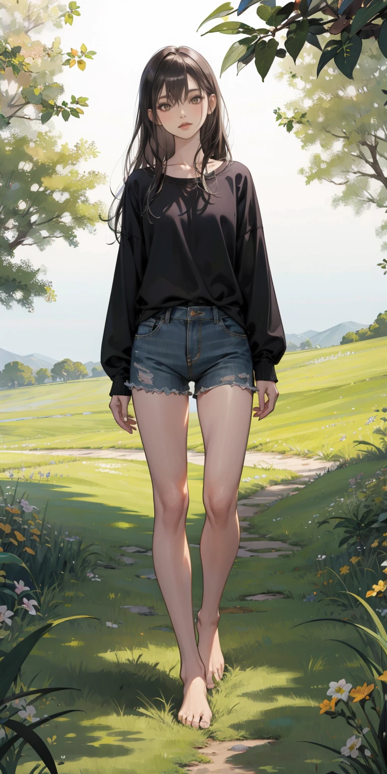 Full body standing straight barefoot on grass