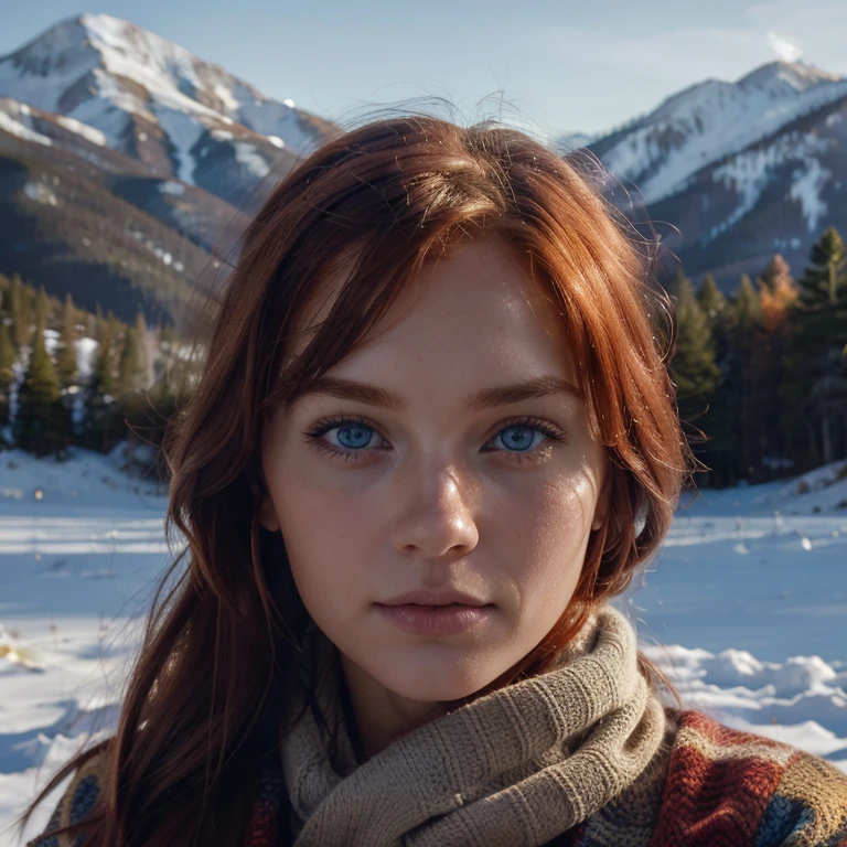Caucasian red hair middle 20 years girl, super fit, staring at the viewer, she has blue eyes realistic somewhere by the mountains in Denver Colorado, glowin, intense, solodramatic lightinasterpiece:1.2), best quality, high resolution, beautiful detailed, extremely detailed, perfect lighting Realstic, flirting with camera she wearing winter clothes