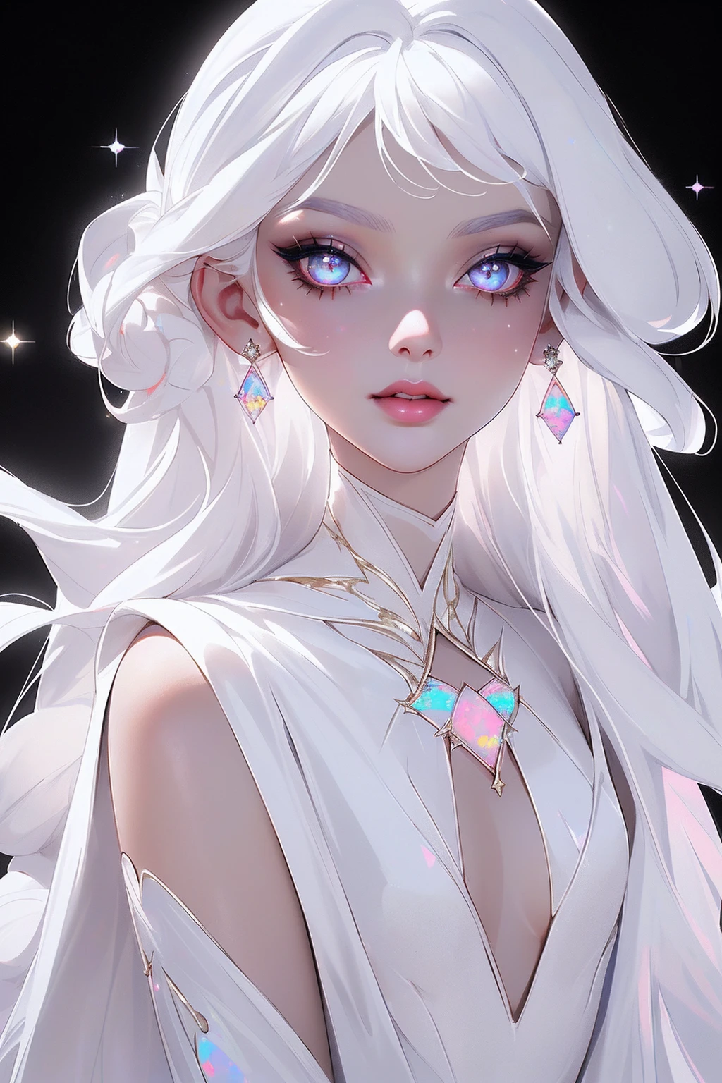 {-erro_de_anatomia:1.0} masterpiece, highest quality, (perfect face:1.1, (high detail)1.1, sweet stardust vampire , long soft white hair, opal eyes, perfectly drawn face, black dress, white background, prismatic lighting, glitter, whole body,