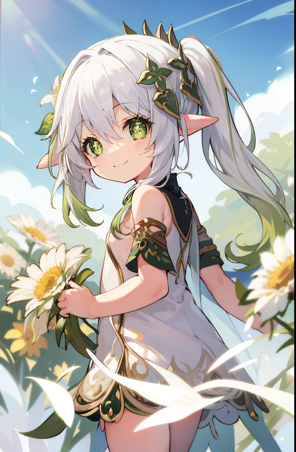 1 *********** solo, nahida_genshin, cross-shaped pupils, smiling, nude, naked, white hair, green hair ornament, green cape, flower meadow, flowers, walking on the flower field